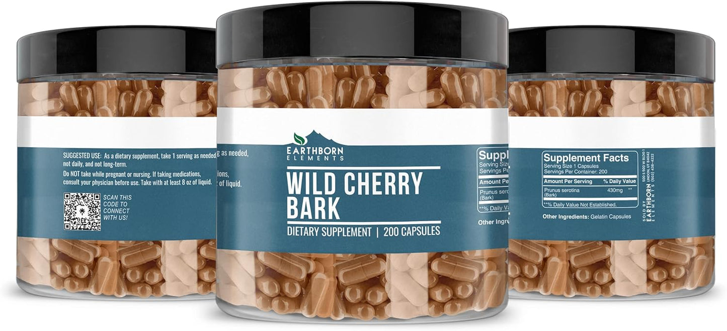 200 Wild Cherry Bark Capsules - Pure & Undiluted with No Additives by Earthborn Elements