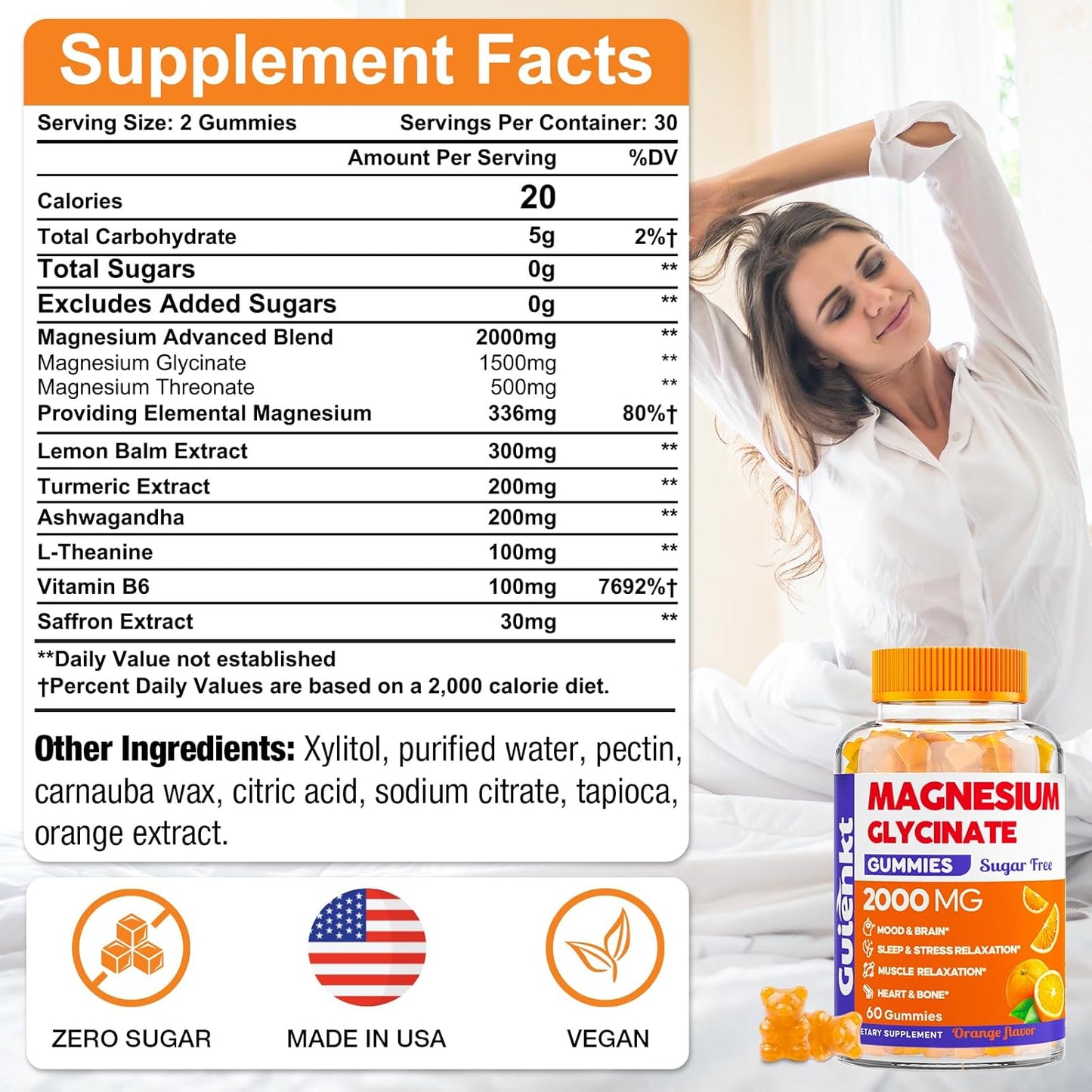 2000 mg Sugar-Free Magnesium Glycinate Gummies for Adults - Orange Flavor, 60 Count