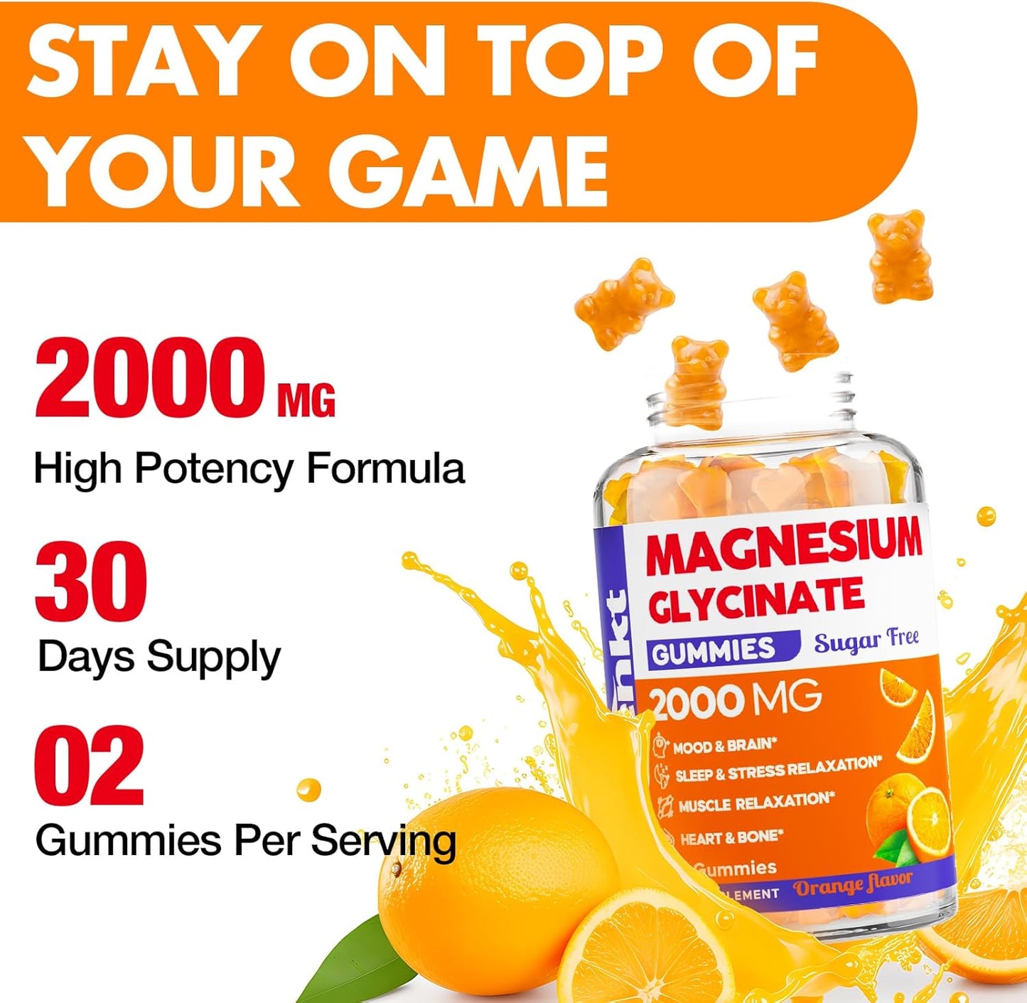 2000 mg Sugar-Free Magnesium Glycinate Gummies for Adults - Orange Flavor, 60 Count