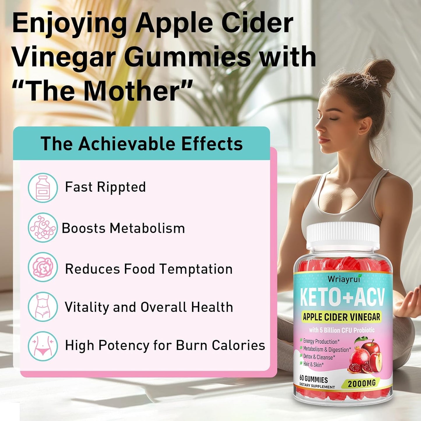 2000mg Apple Cider Vinegar Gummies with Probiotics & Vitamin B12 for Metabolism & Digestion - 120 Sugar Free, Vegan Gummies with Mother