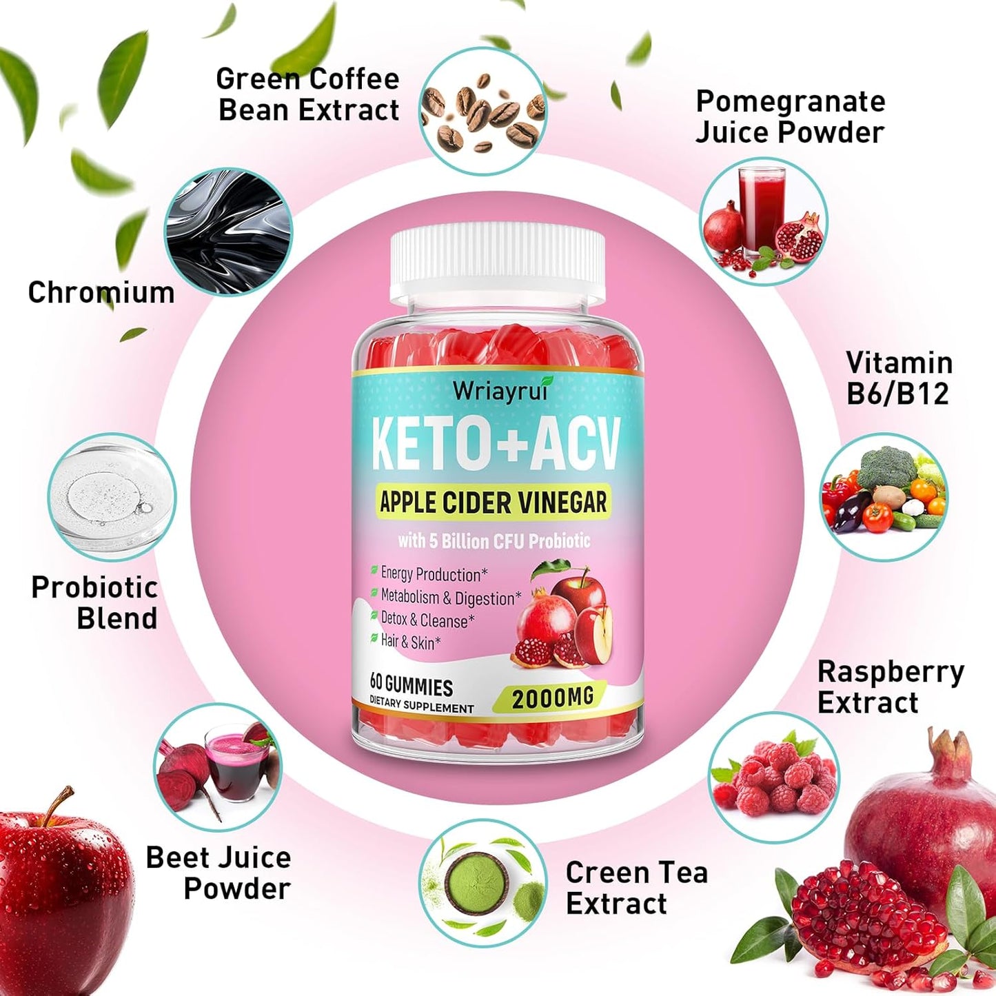 2000mg Apple Cider Vinegar Gummies with Probiotics & Vitamin B12 for Metabolism & Digestion - 120 Sugar Free, Vegan Gummies with Mother