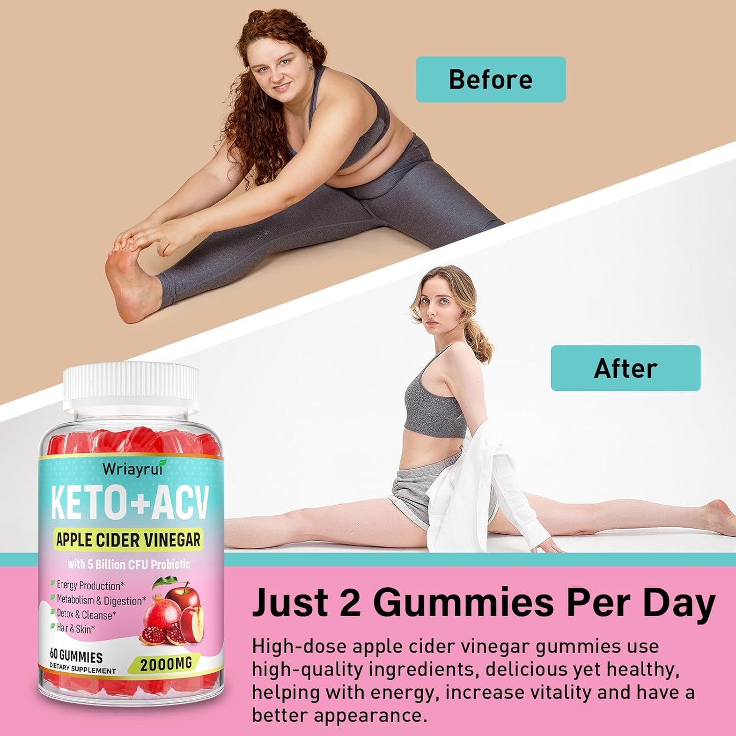 2000mg Apple Cider Vinegar Gummies with Probiotics & Vitamin B12 for Metabolism & Digestion - 120 Sugar Free, Vegan Gummies with Mother