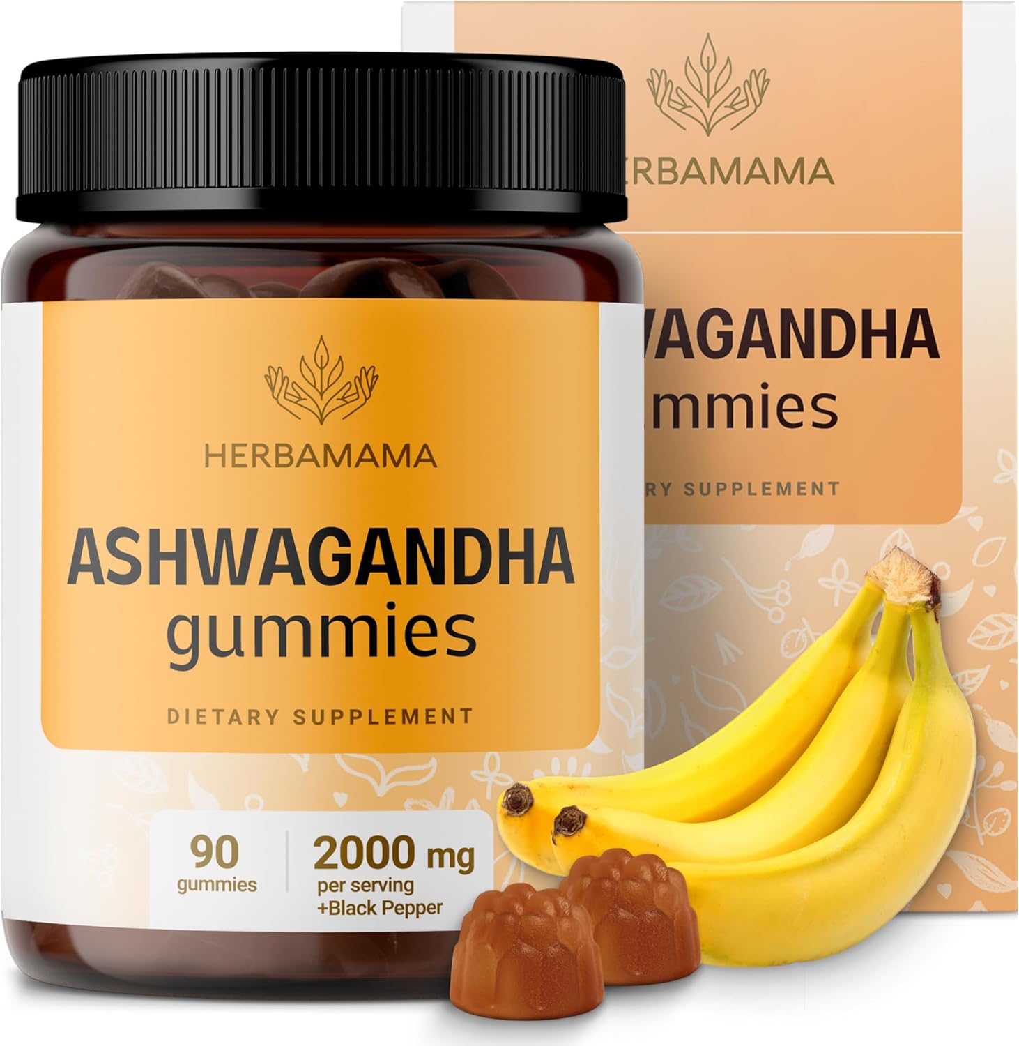 2000mg Ashwagandha Gummies with Black Pepper for Calm & Mood Support - Vegan, Non-GMO Mango Chews - 90 Count by HERBAMAMA