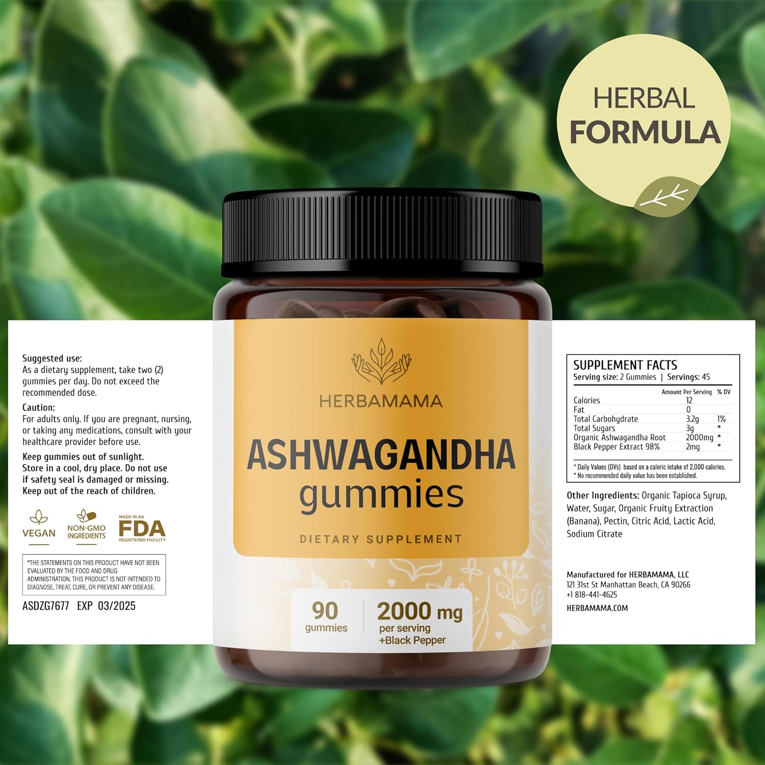 2000mg Ashwagandha Gummies with Black Pepper for Calm & Mood Support - Vegan, Non-GMO Mango Chews - 90 Count by HERBAMAMA