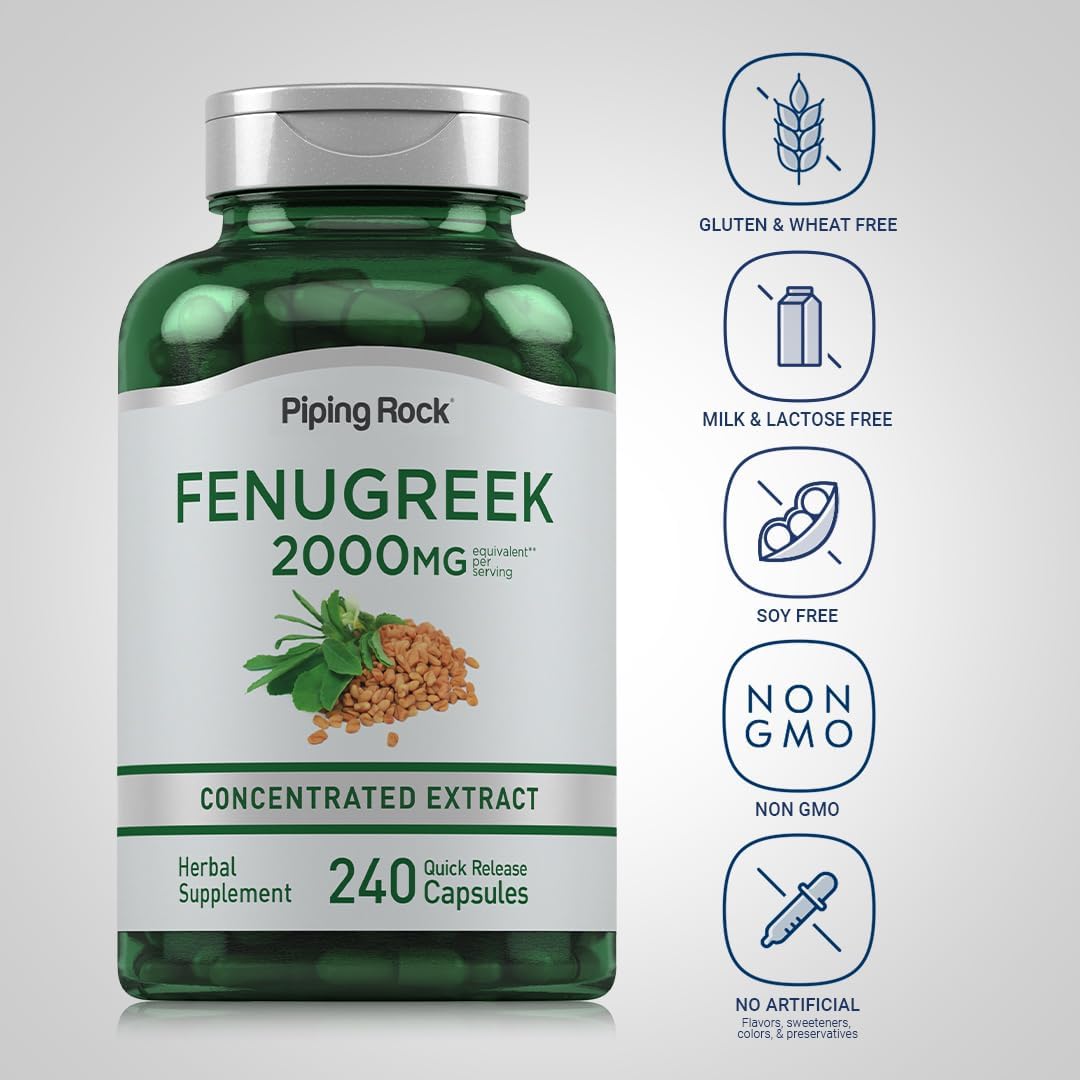 2000mg Fenugreek Seed Extract Capsules | 240 Pills | Non GMO, Gluten Free Supplement for Women & Men by Piping Rock