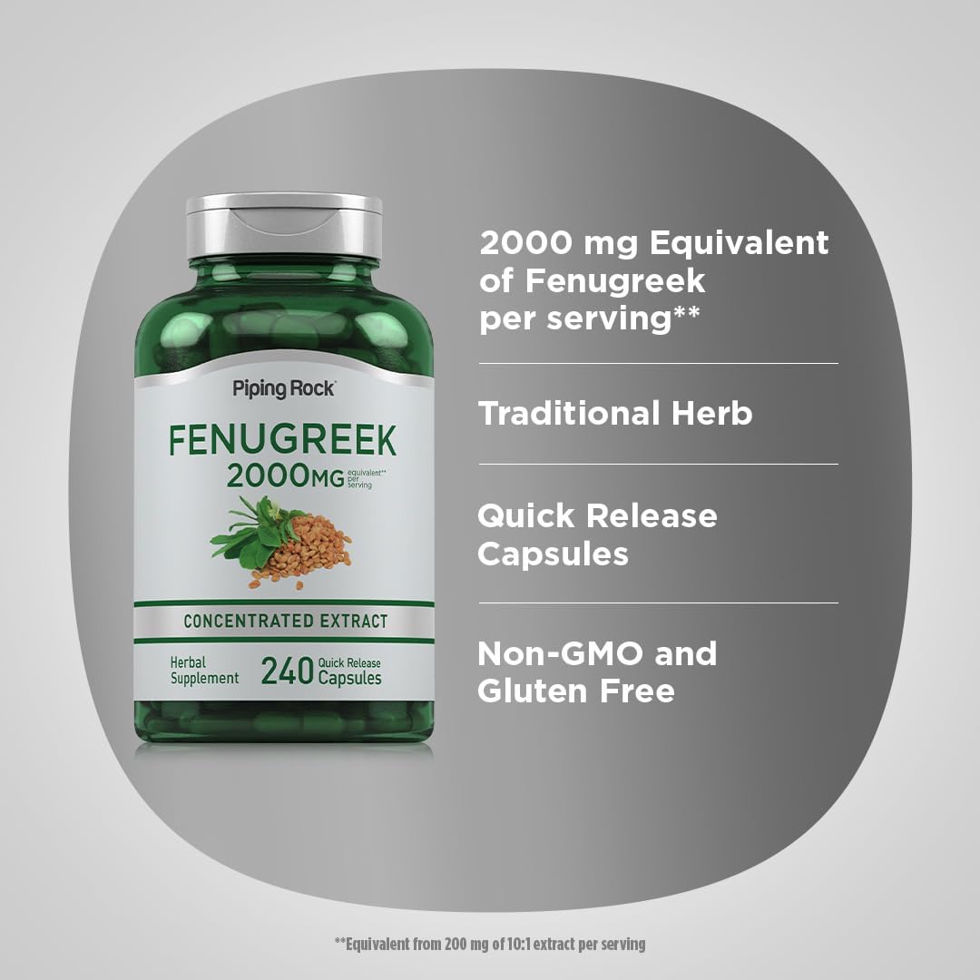 2000mg Fenugreek Seed Extract Capsules | 240 Pills | Non GMO, Gluten Free Supplement for Women & Men by Piping Rock