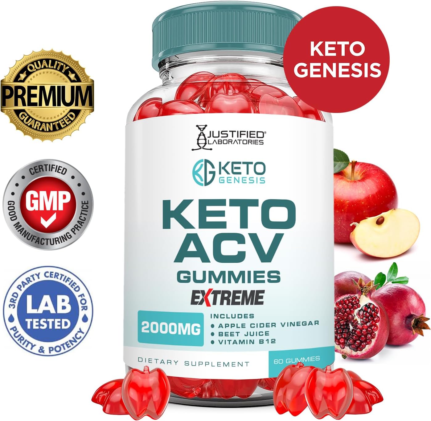 2000MG Keto Genesis ACV Gummies with Pomegranate Beet Juice Powder - Vegan Non GMO Formula - 60 Gummies