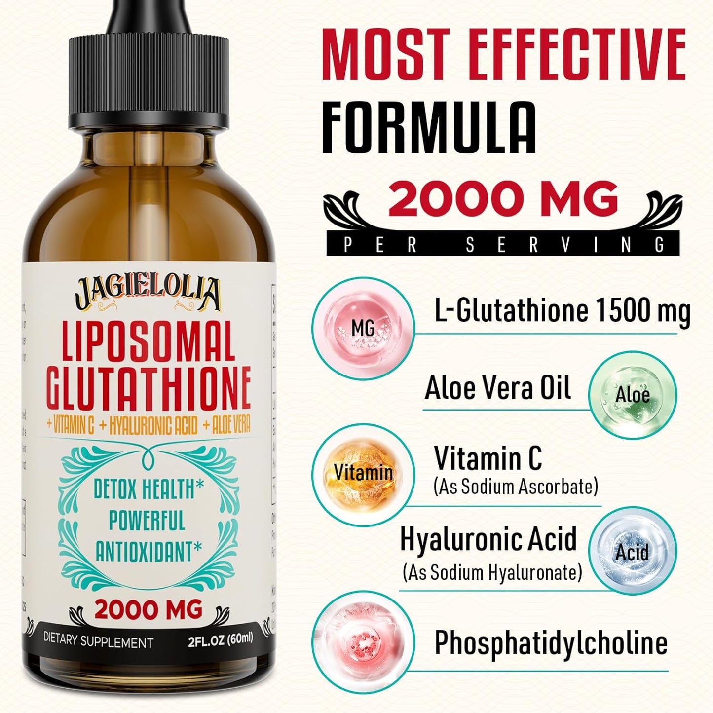 2000mg Liposomal Glutathione Liquid Drops for Liver Detox, Brain Function, Energy - 2 Fl.Oz