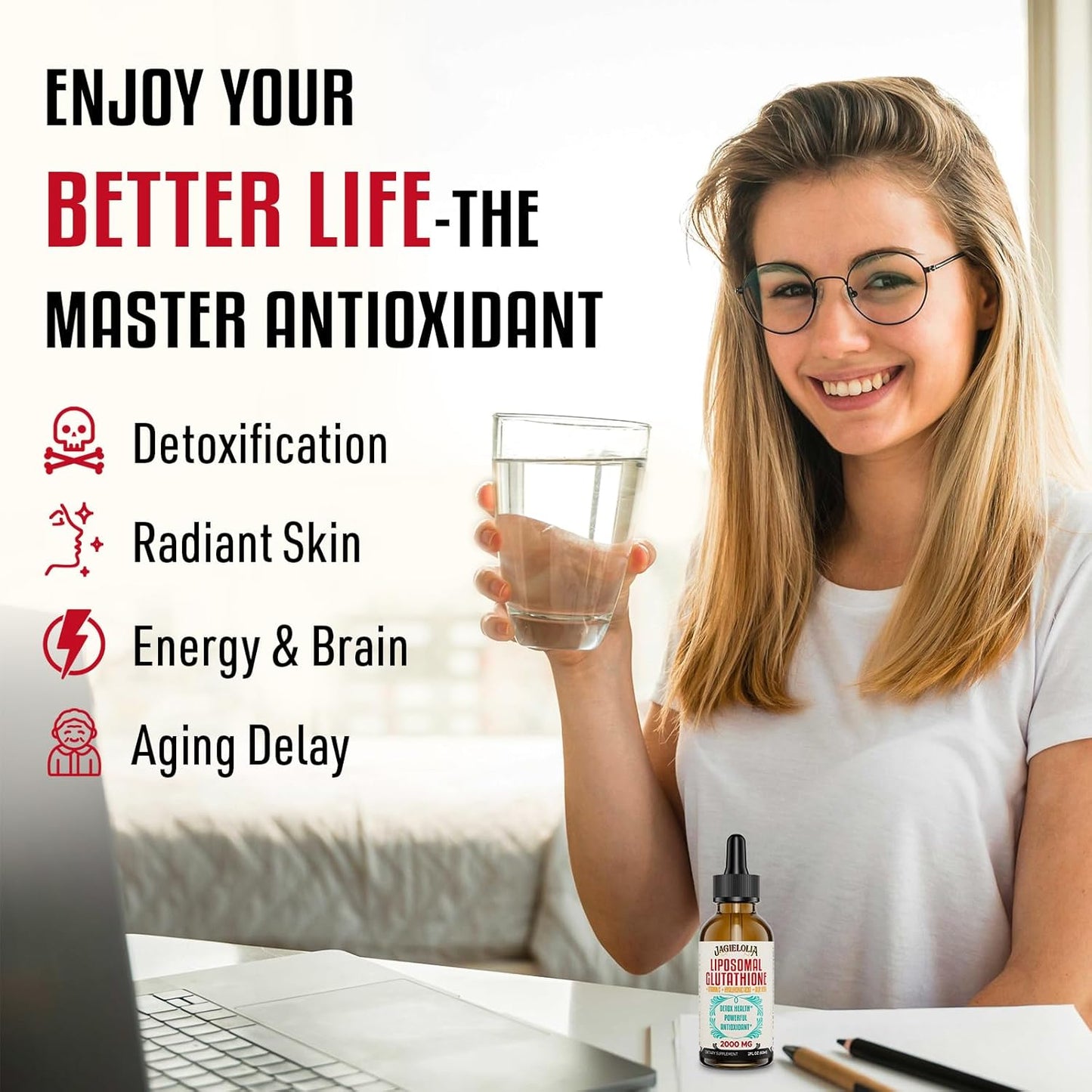 2000mg Liposomal Glutathione Liquid Drops for Liver Detox, Brain Function, Energy - 2 Fl.Oz