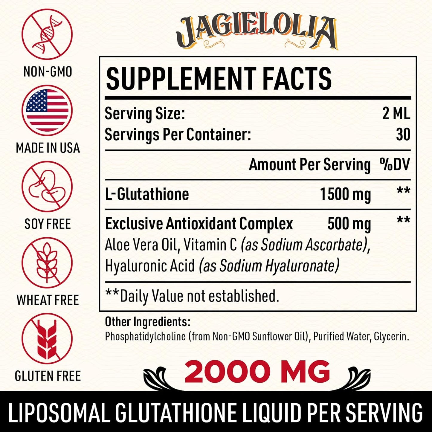 2000mg Liposomal Glutathione Liquid Drops for Liver Detox, Brain Function, Energy - 2 Fl.Oz