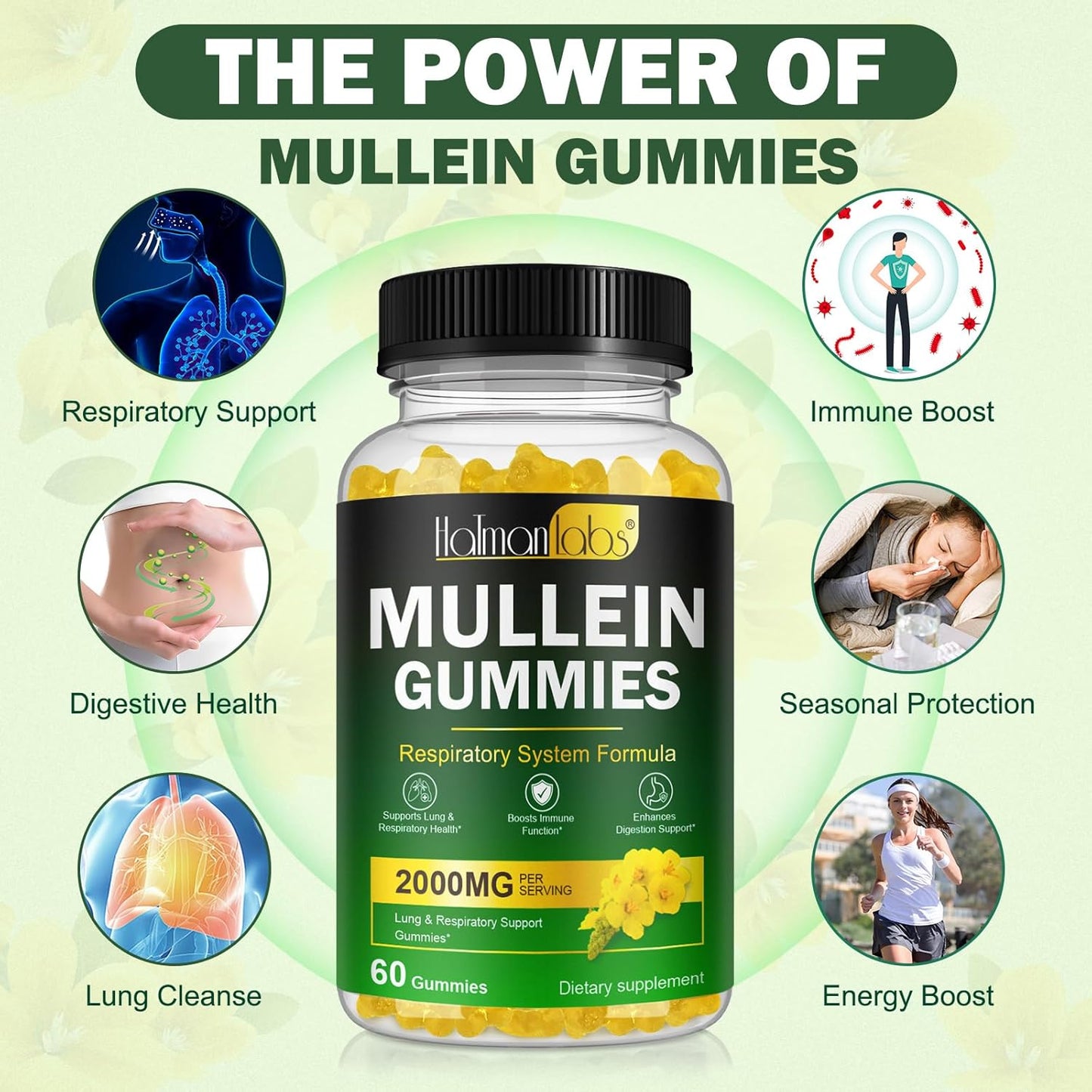 2000mg Mullein Leaf Gummies for Lung Detox, Respiratory & Immune Support - Vegan 60 Gummies with Quercetin, Bromelain, Elderberry & Marshmallow