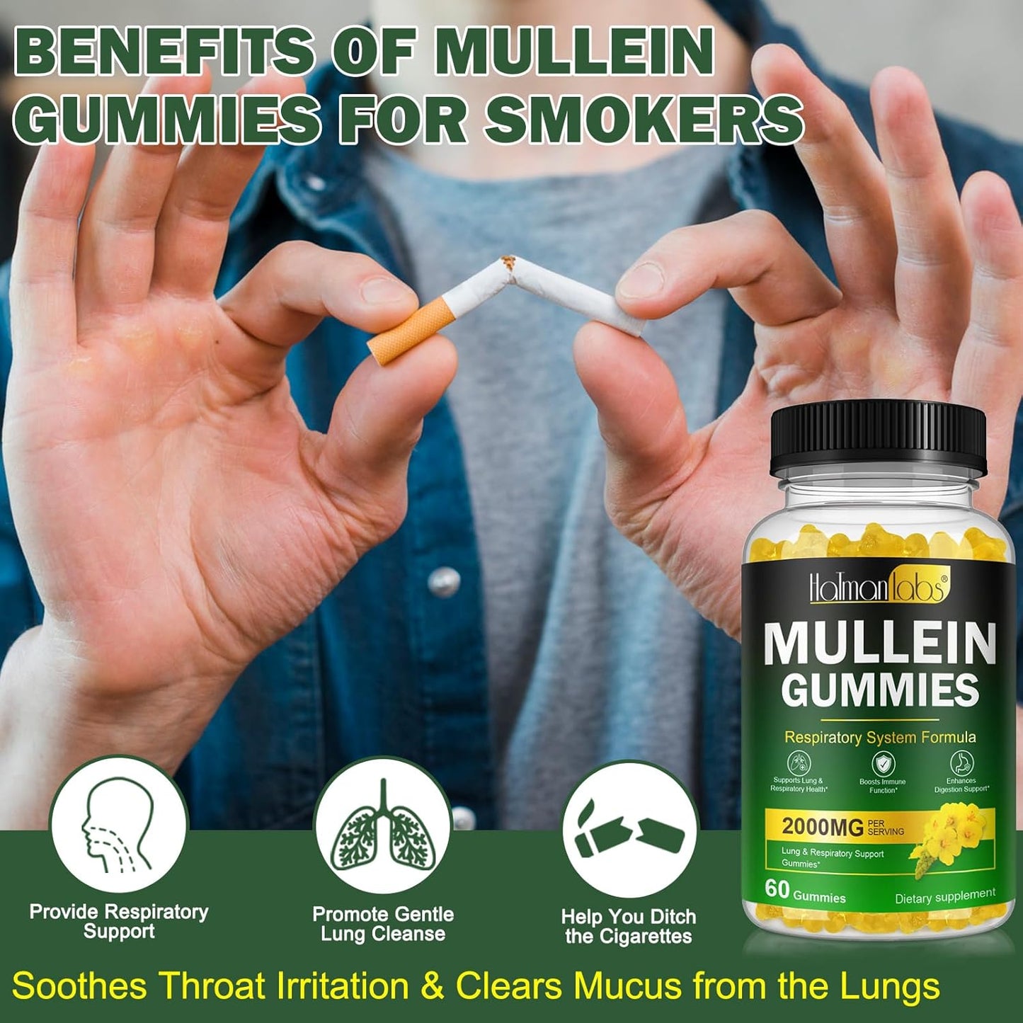 2000mg Mullein Leaf Gummies for Lung Detox, Respiratory & Immune Support - Vegan 60 Gummies with Quercetin, Bromelain, Elderberry & Marshmallow
