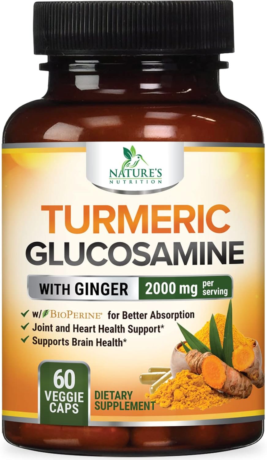 2000mg Turmeric Curcumin Supplement with Glucosamine, Chondroitin, Ginger & BioPerine - Joint Support - 60 Capsules - Non-GMO - Made in USA - BoostGo Australia