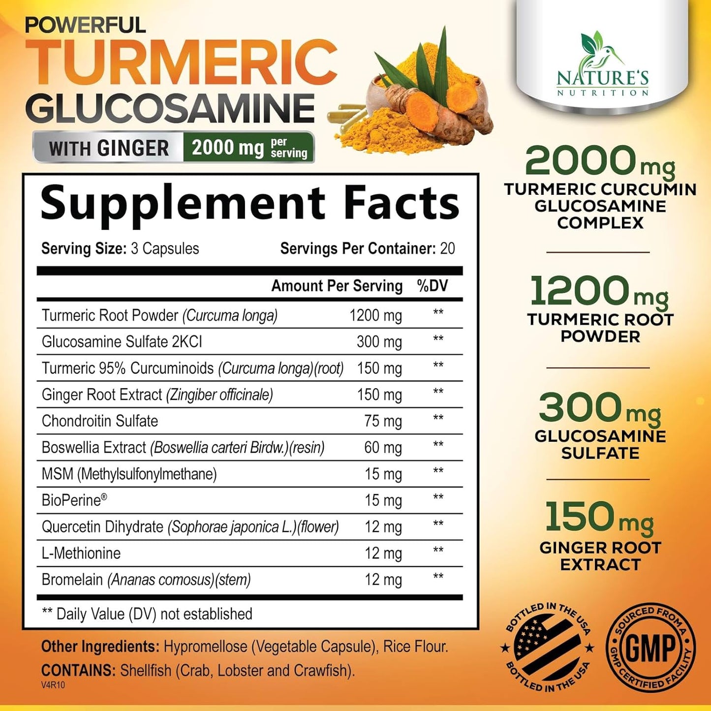 2000mg Turmeric Curcumin Supplement with Glucosamine, Chondroitin, Ginger & BioPerine - Joint Support - 60 Capsules - Non-GMO - Made in USA - BoostGo Australia