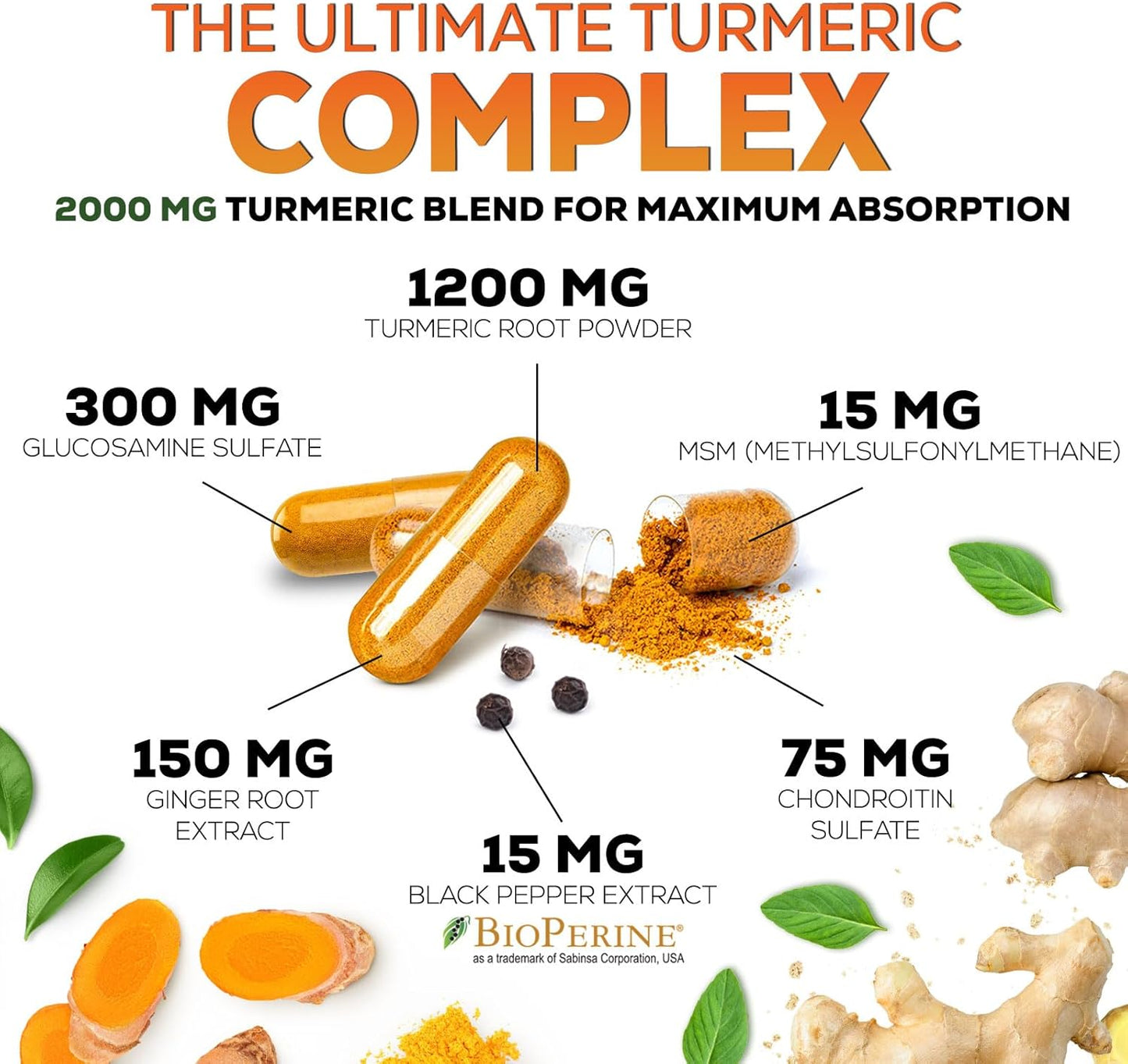 2000mg Turmeric Curcumin Supplement with Glucosamine, Chondroitin, Ginger & BioPerine - Joint Support - 60 Capsules - Non-GMO - Made in USA - BoostGo Australia