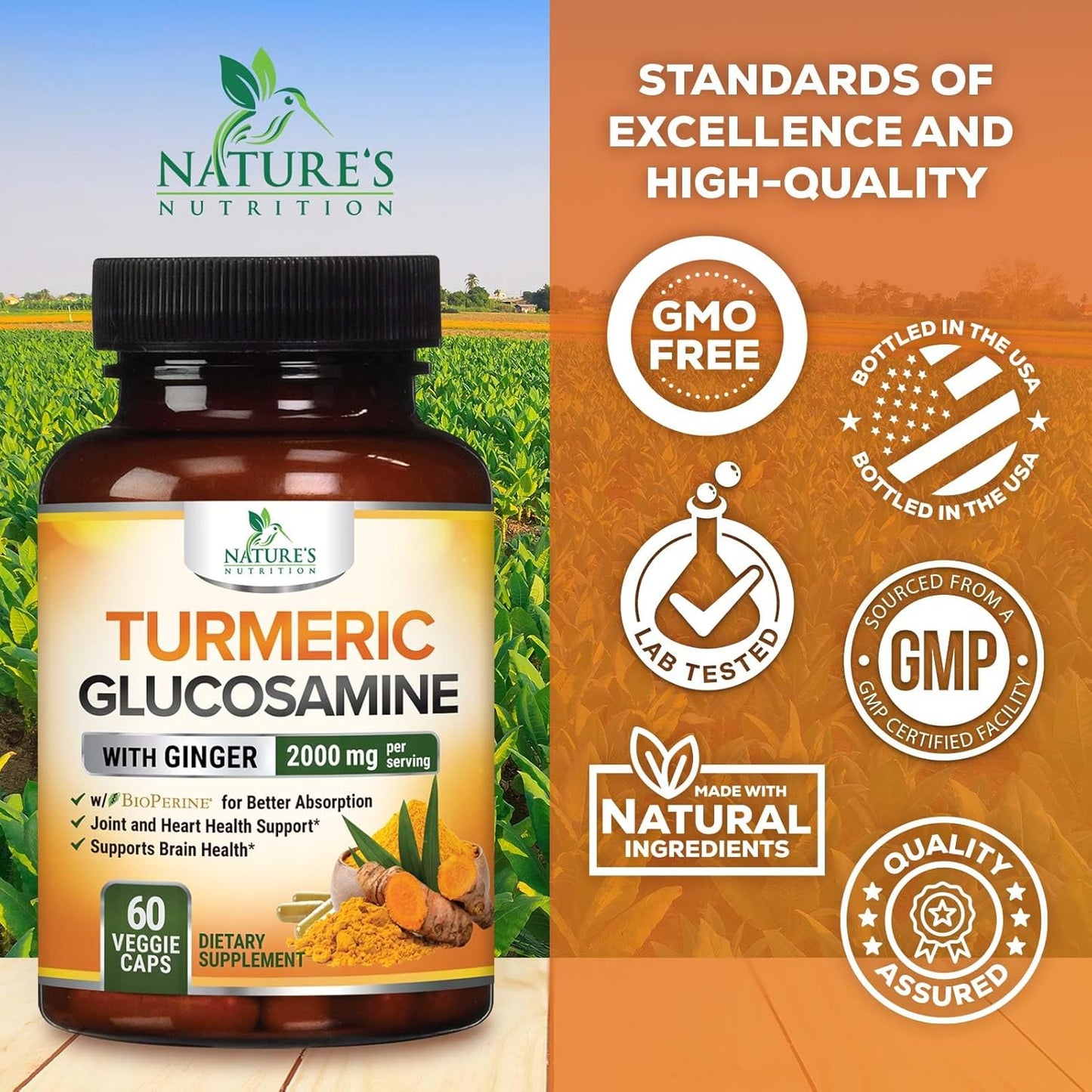 2000mg Turmeric Curcumin Supplement with Glucosamine, Chondroitin, Ginger & BioPerine - Joint Support - 60 Capsules - Non-GMO - Made in USA - BoostGo Australia