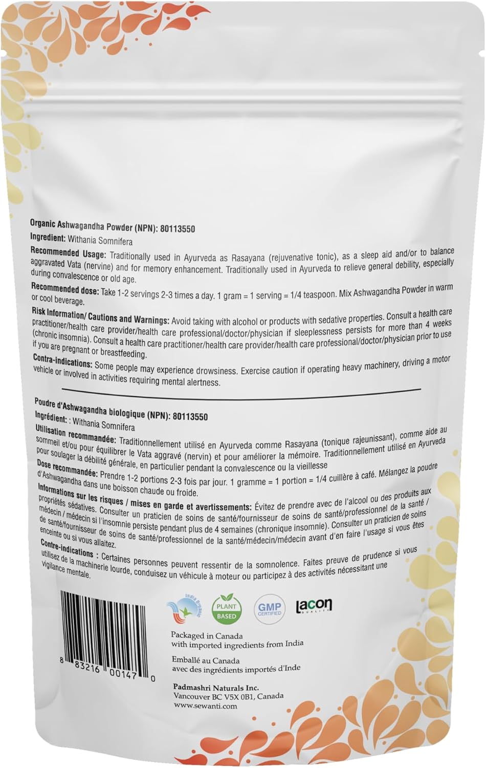 200g Sewanti Organic Ashwagandha Powder - NPN 80113550 for Stress Relief & Immune Support