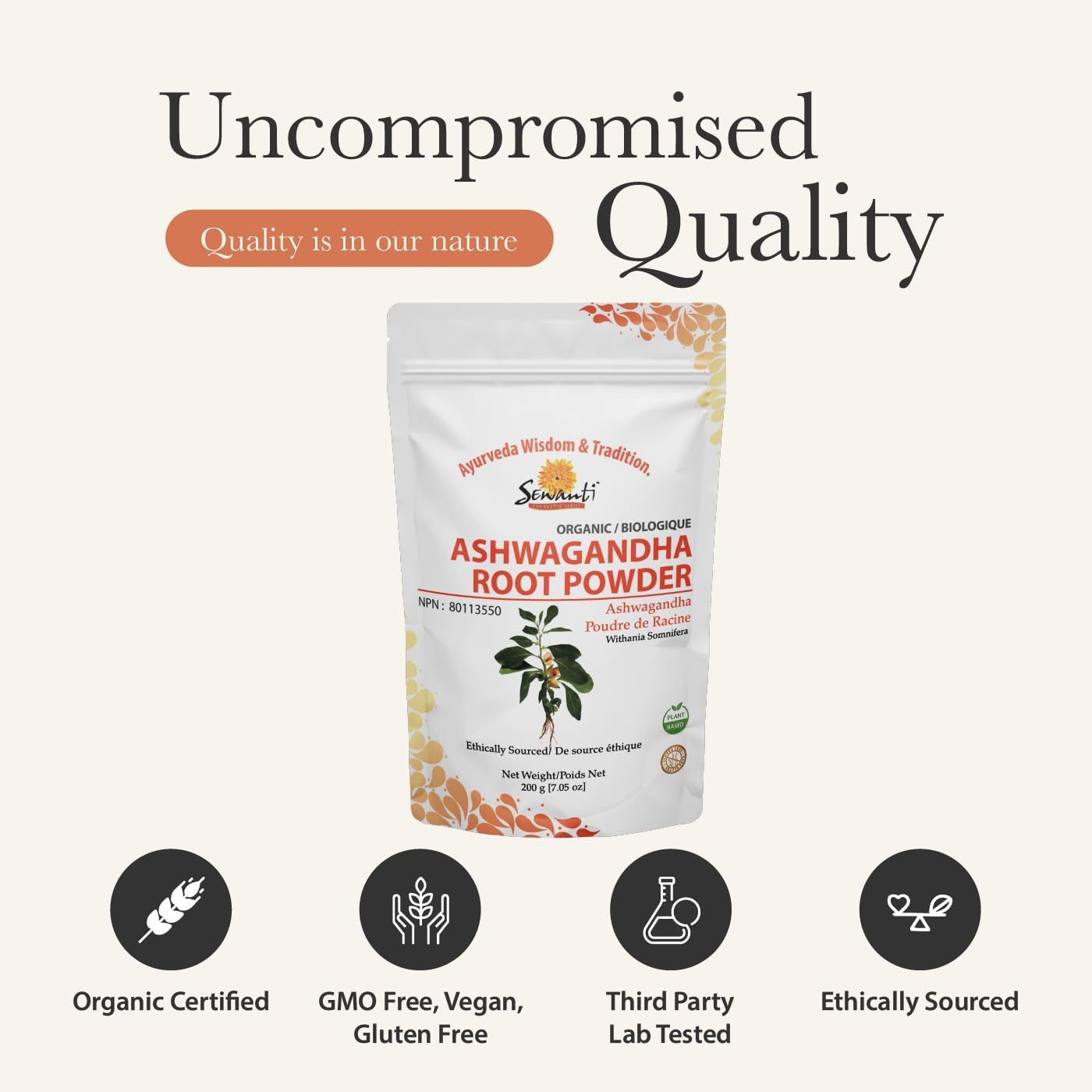 200g Sewanti Organic Ashwagandha Powder - NPN 80113550 for Stress Relief & Immune Support