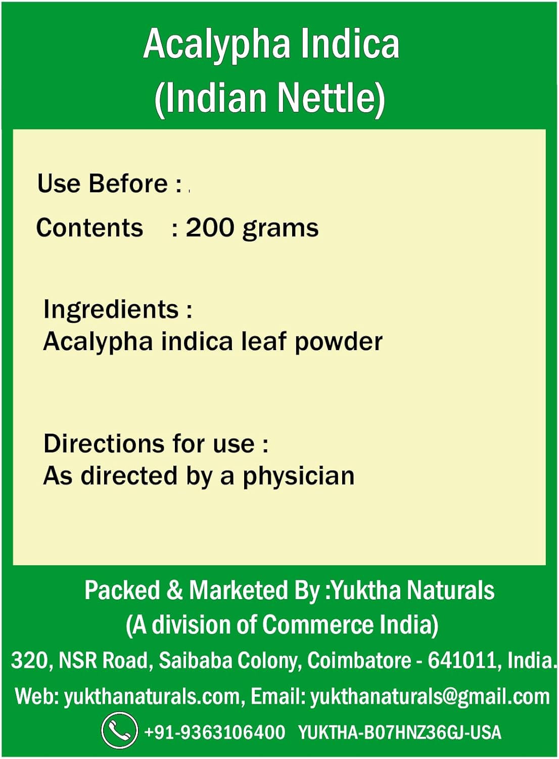 200g Yuktha Naturals Harita Manjari Kuppaimeni/Acalypha Indica Indian Nettle Powder