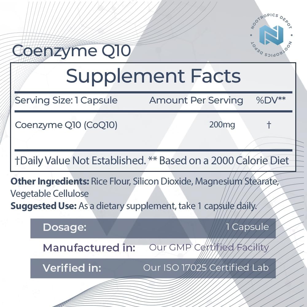 200mg CoEnzyme Q10 Capsules | 60 Count | Boost Energy, Brain Function & Cellular Health | Ubiquinone Supplement