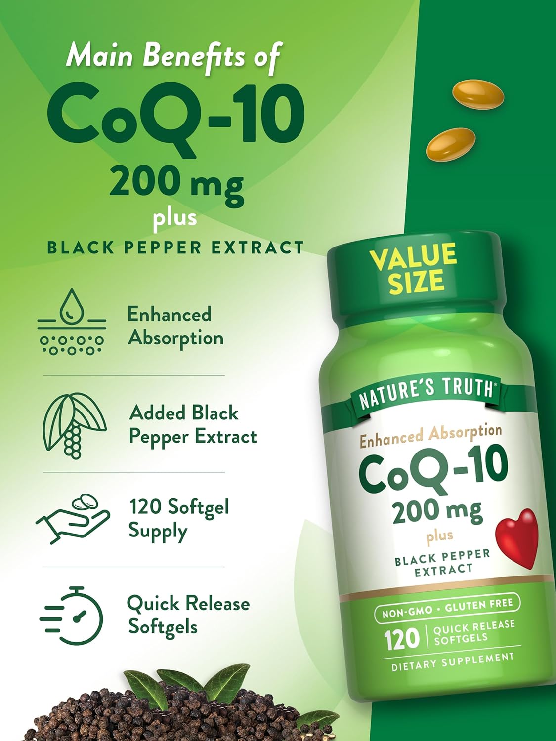 200mg CoQ10 Softgels with High Absorption, Non-GMO, Gluten Free, 120 Count with Black Pepper Extract