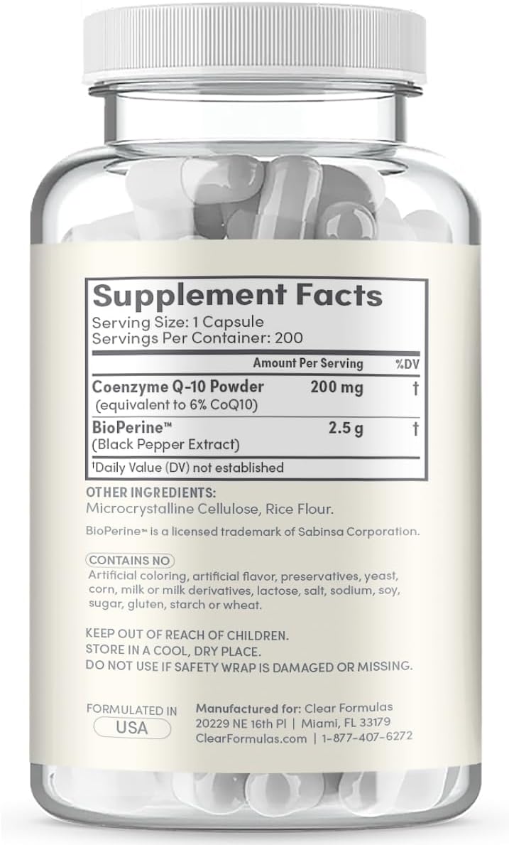 200mg CoQ10 with BioPerine for Heart Health & Anti-Aging - High Absorption Ubiquinone Capsules - 200 Servings