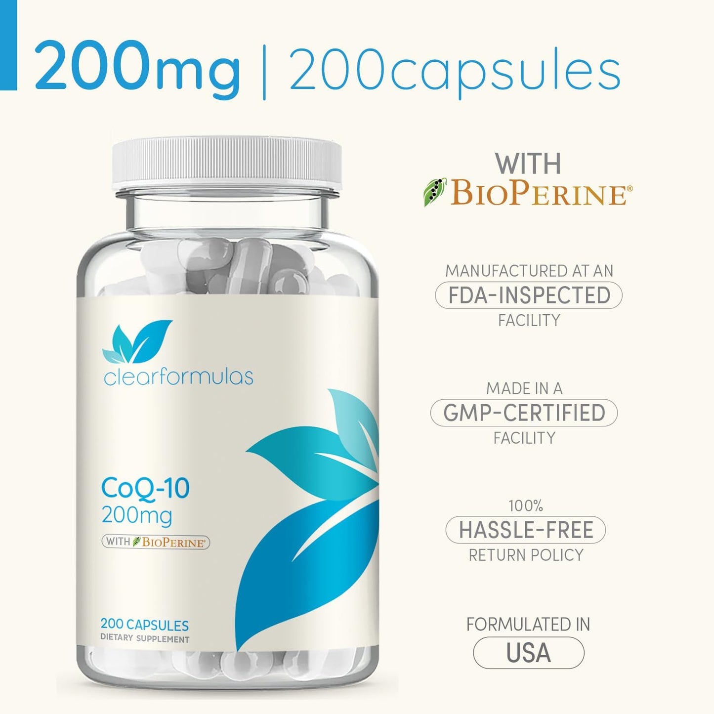 200mg CoQ10 with BioPerine for Heart Health & Anti-Aging - High Absorption Ubiquinone Capsules - 200 Servings