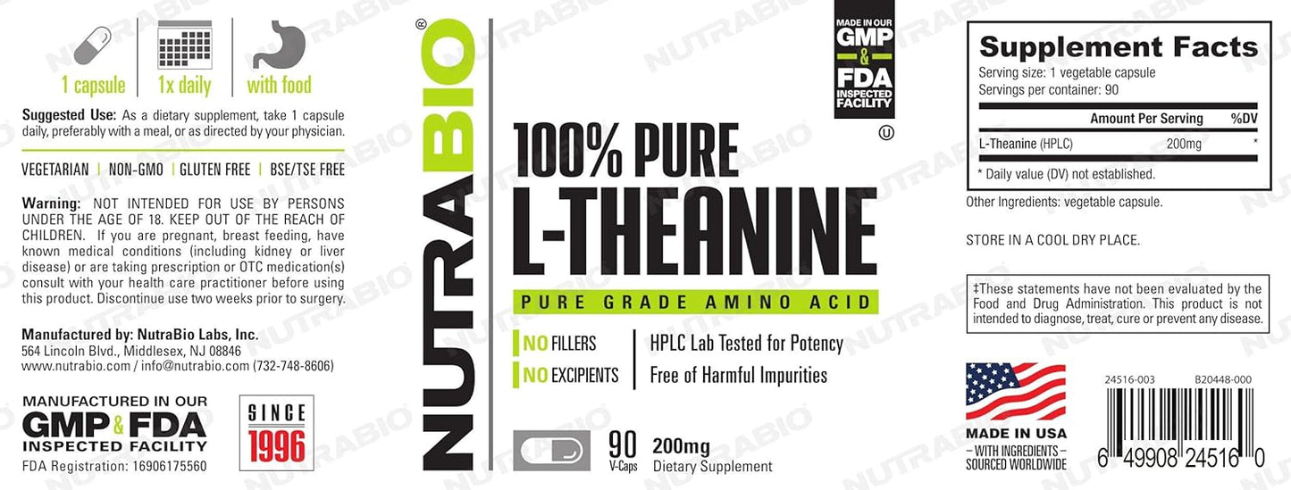 200mg NutraBio L-Theanine Supplement - Supports Relaxation, Promotes Calmness - 90 Capsules
