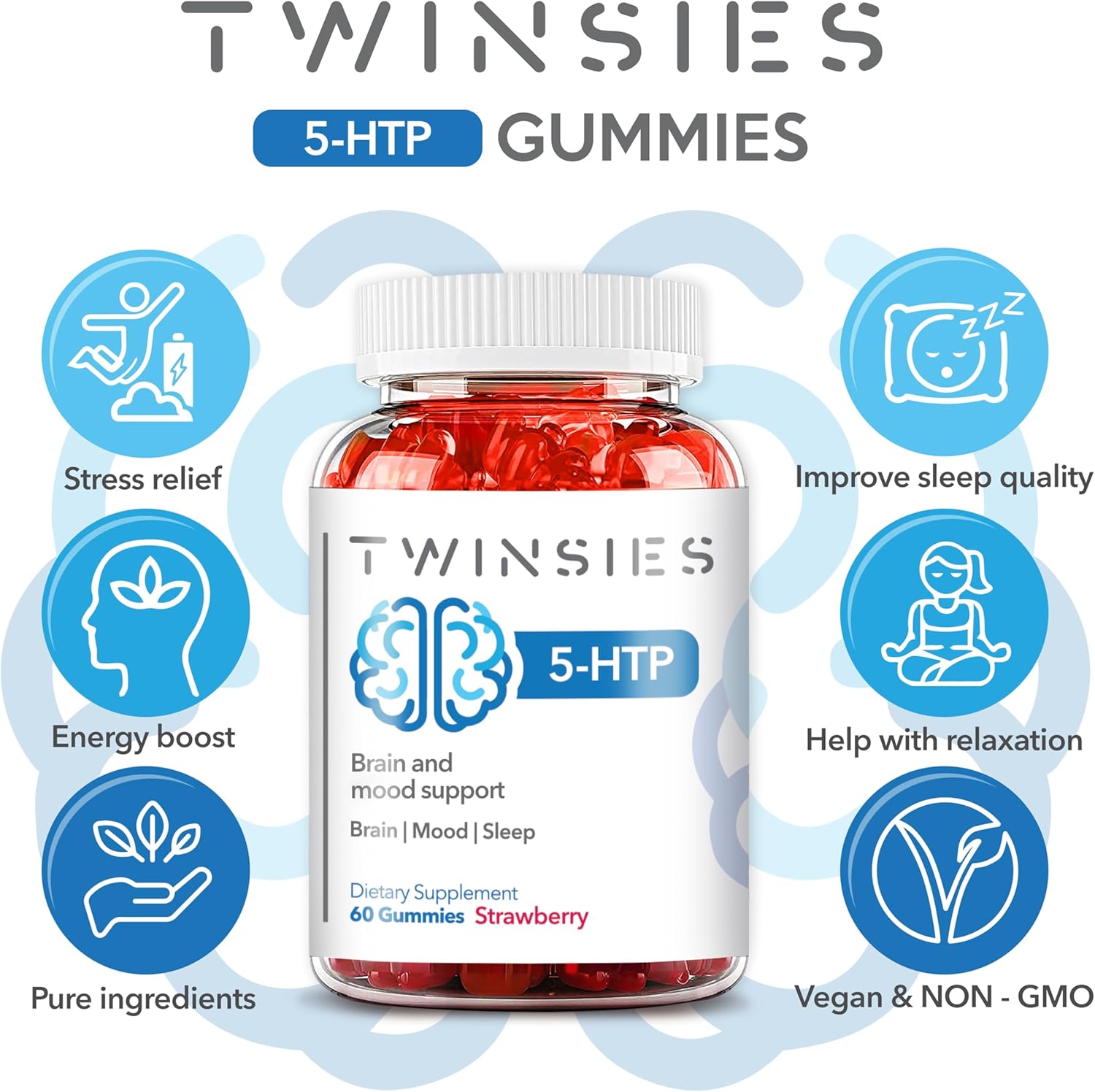 200mg Twinsies 5-HTP Gummies with L-Tryptophan: Brain, Mood, and Sleep Support - 60 Strawberry Gummies