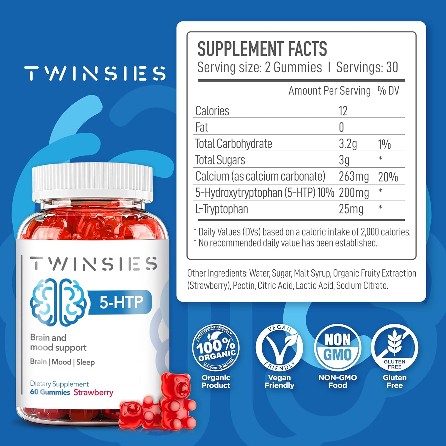 200mg Twinsies 5-HTP Gummies with L-Tryptophan: Brain, Mood, and Sleep Support - 60 Strawberry Gummies