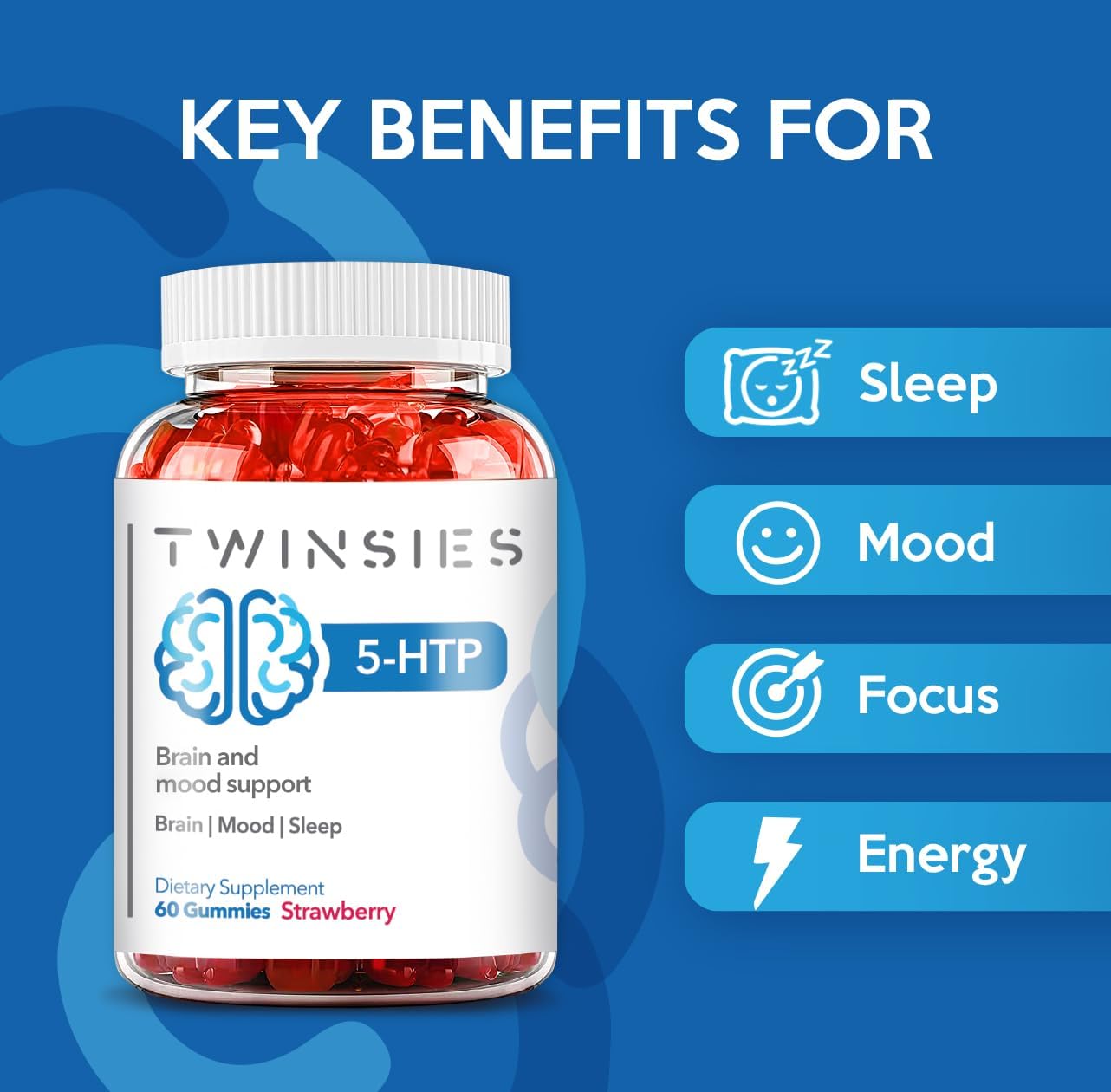 200mg Twinsies 5-HTP Gummies with L-Tryptophan: Brain, Mood, and Sleep Support - 60 Strawberry Gummies
