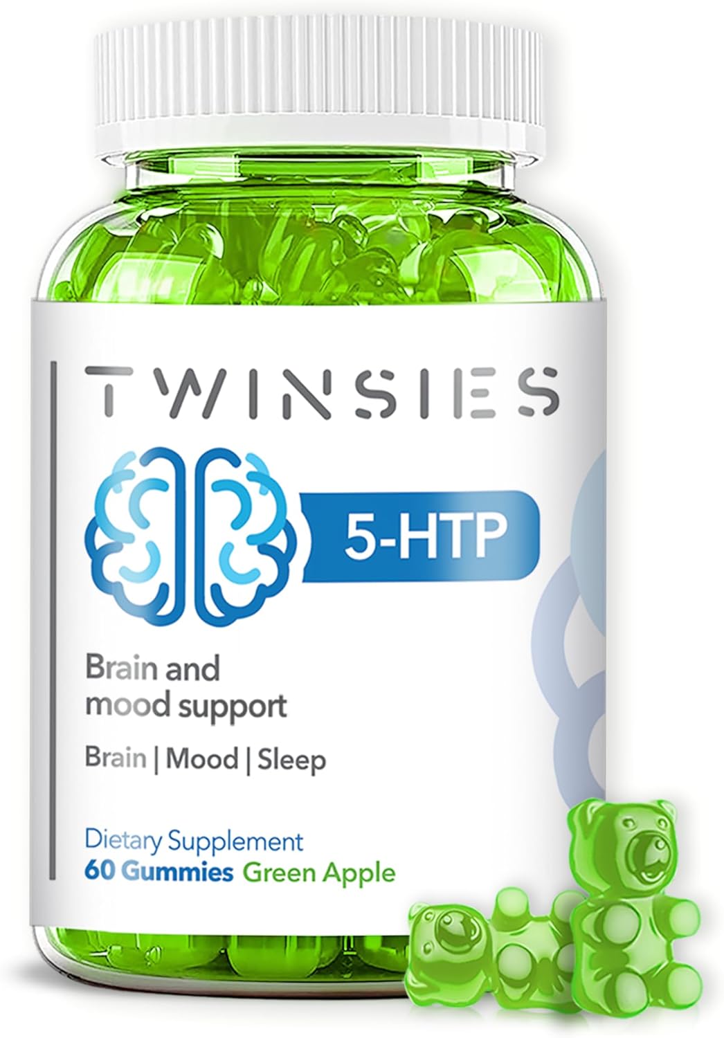 200mg Twinsies 5-HTP Gummies with L-Tryptophan for Brain, Mood, and Sleep - 60 Green Apple Gummies