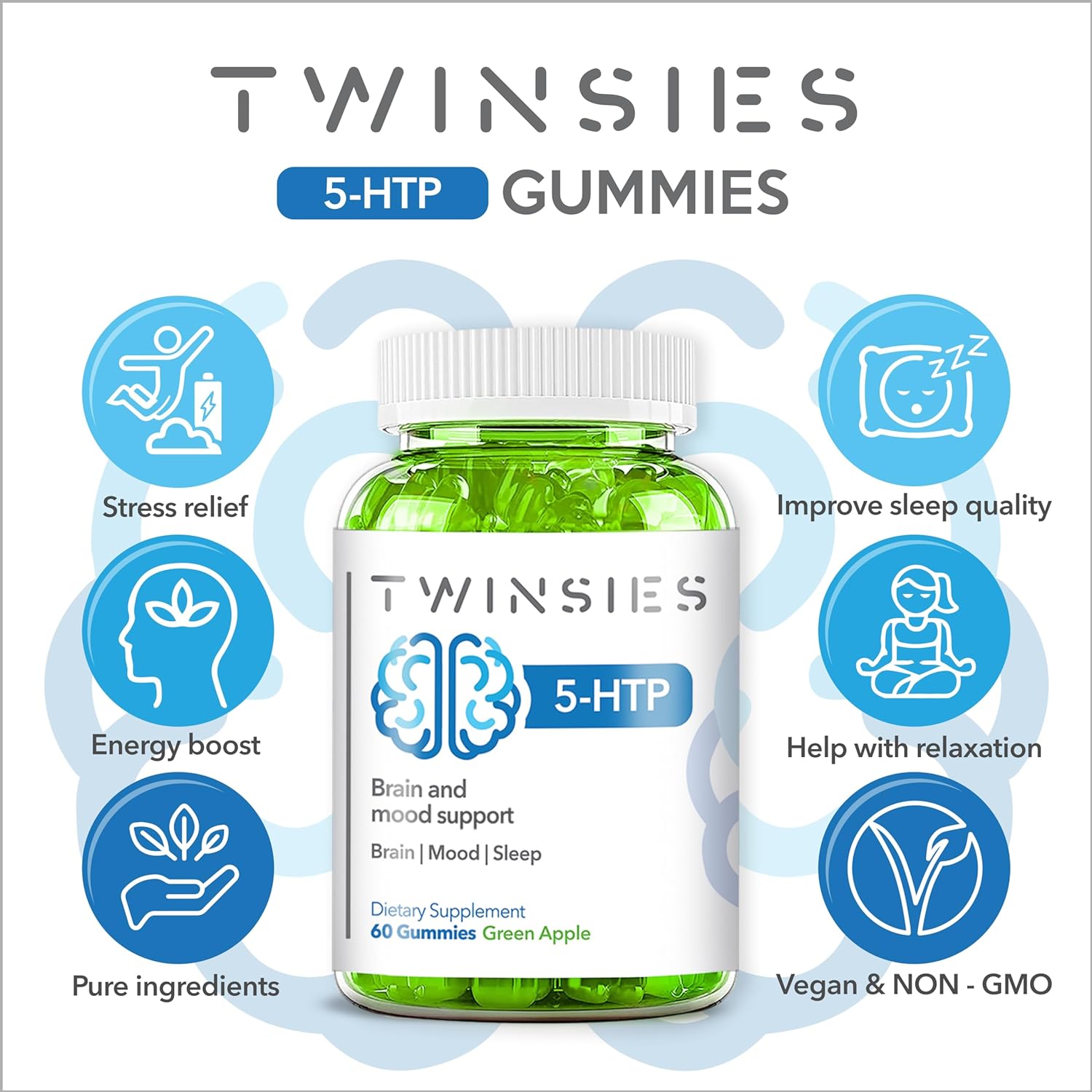 200mg Twinsies 5-HTP Gummies with L-Tryptophan for Brain, Mood, and Sleep - 60 Green Apple Gummies
