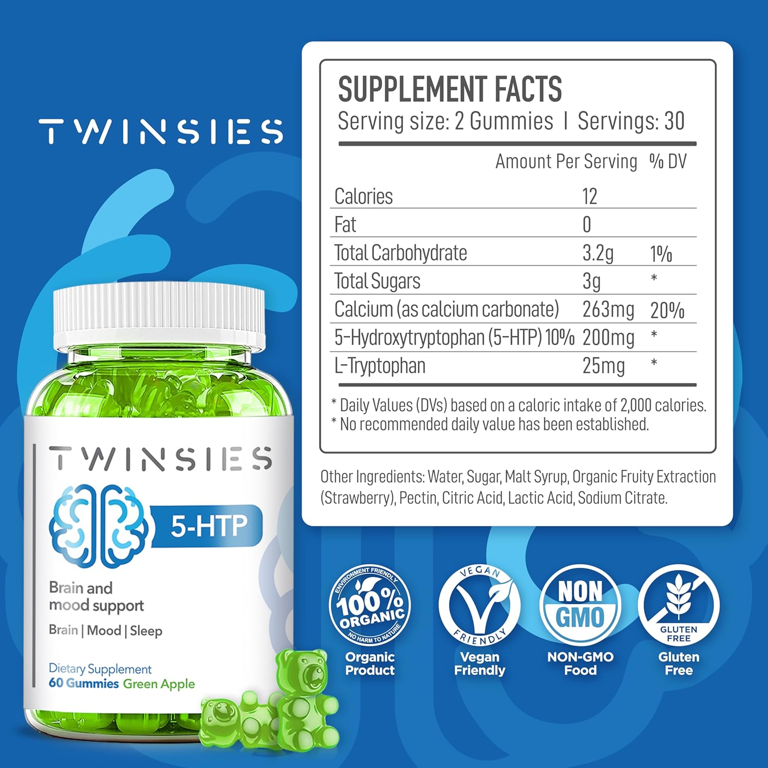 200mg Twinsies 5-HTP Gummies with L-Tryptophan for Brain, Mood, and Sleep - 60 Green Apple Gummies