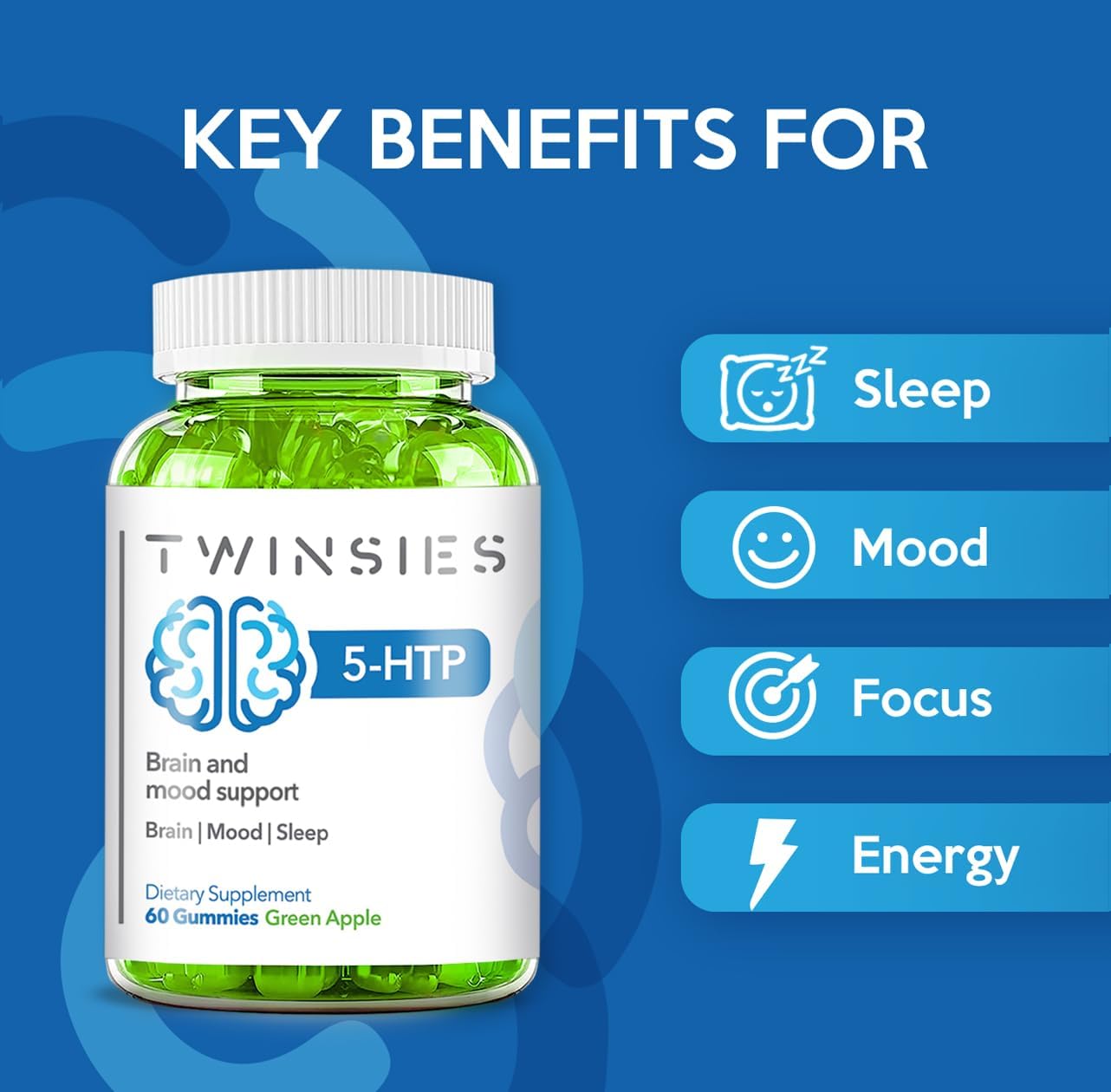 200mg Twinsies 5-HTP Gummies with L-Tryptophan for Brain, Mood, and Sleep - 60 Green Apple Gummies