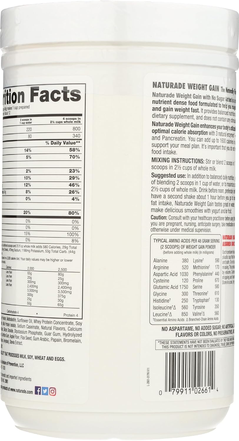 20.3 OZ NATURADE Sugar Free Weight Gain Powder - High Calorie Protein Supplement for Muscle Growth and Energy Boost
