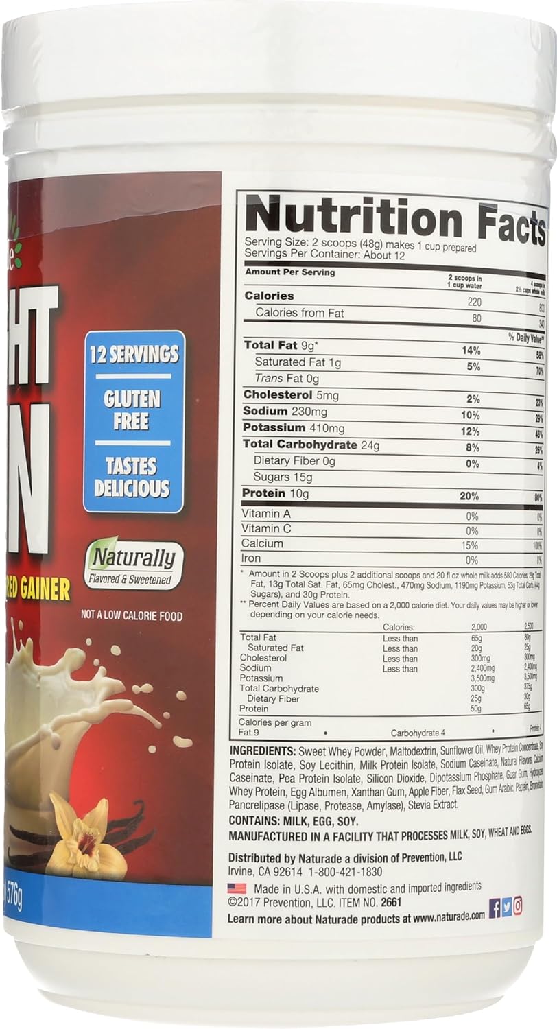 20.3 OZ NATURADE Sugar Free Weight Gain Powder - High Calorie Protein Supplement for Muscle Growth and Energy Boost