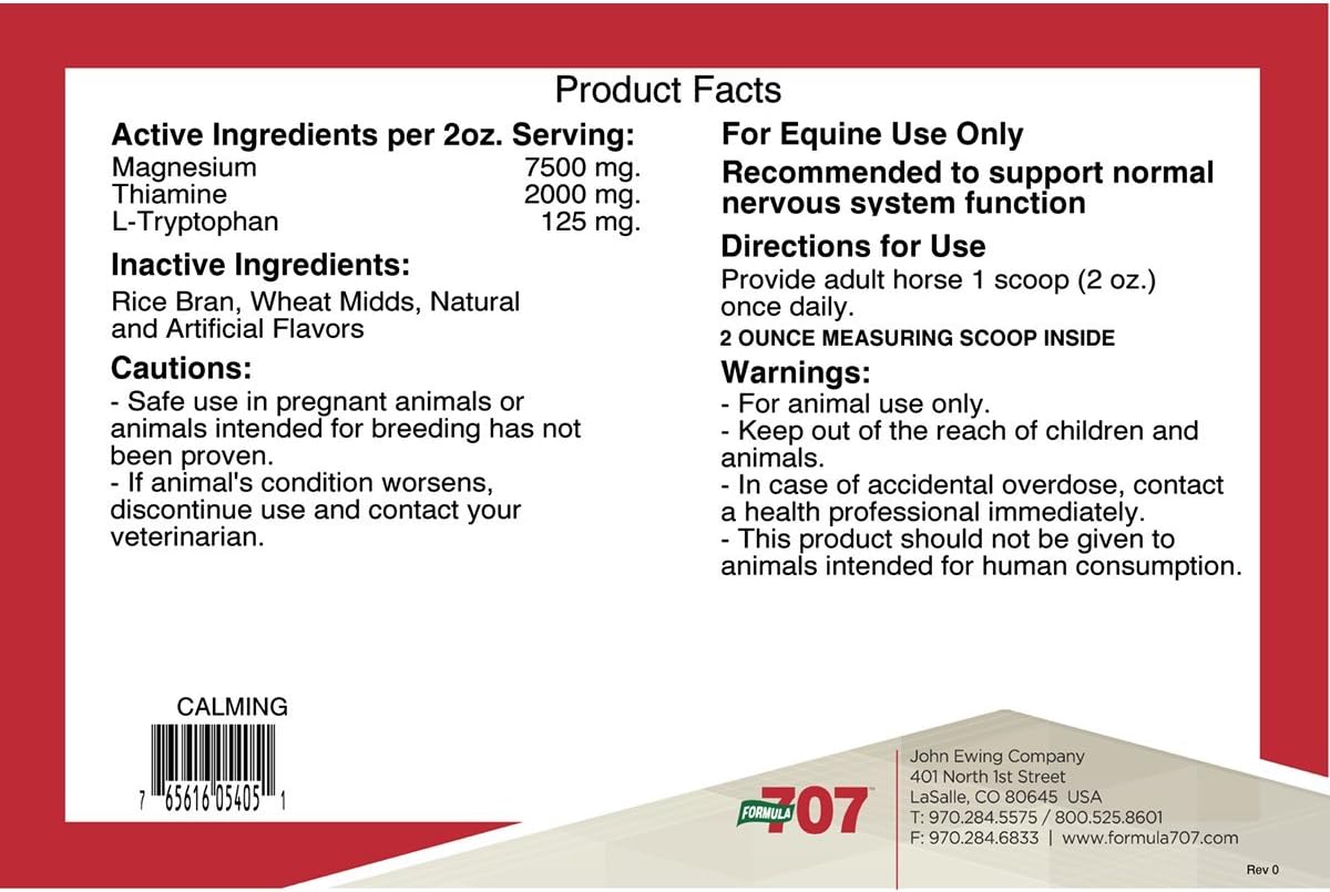 20LB Bag of Formula 707 Calming Equine Supplement - 160 Servings for Anxiety Relief and Enhanced Focus with L-Tryptophan, Thiamine & Magnesium