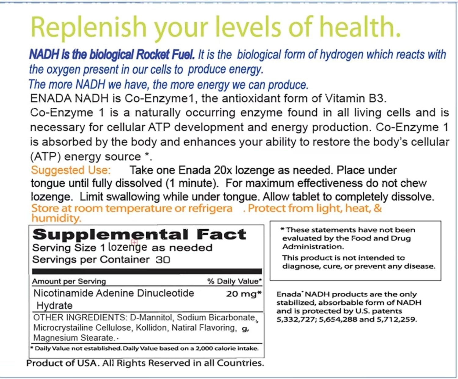 20mg NADH Supplement for Energy, Focus, Stamina | Cell Regenerator | 30 Lozenges | Natural Energy for Women and Men