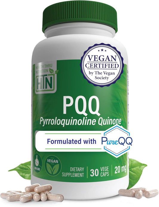 20mg PQQ Supplement for Mitochondrial Biogenesis | Certified Vegan | Non-GMO Gluten Soy Free | 30 Servings of PureQQ Capsules by Health Thru Nutrition