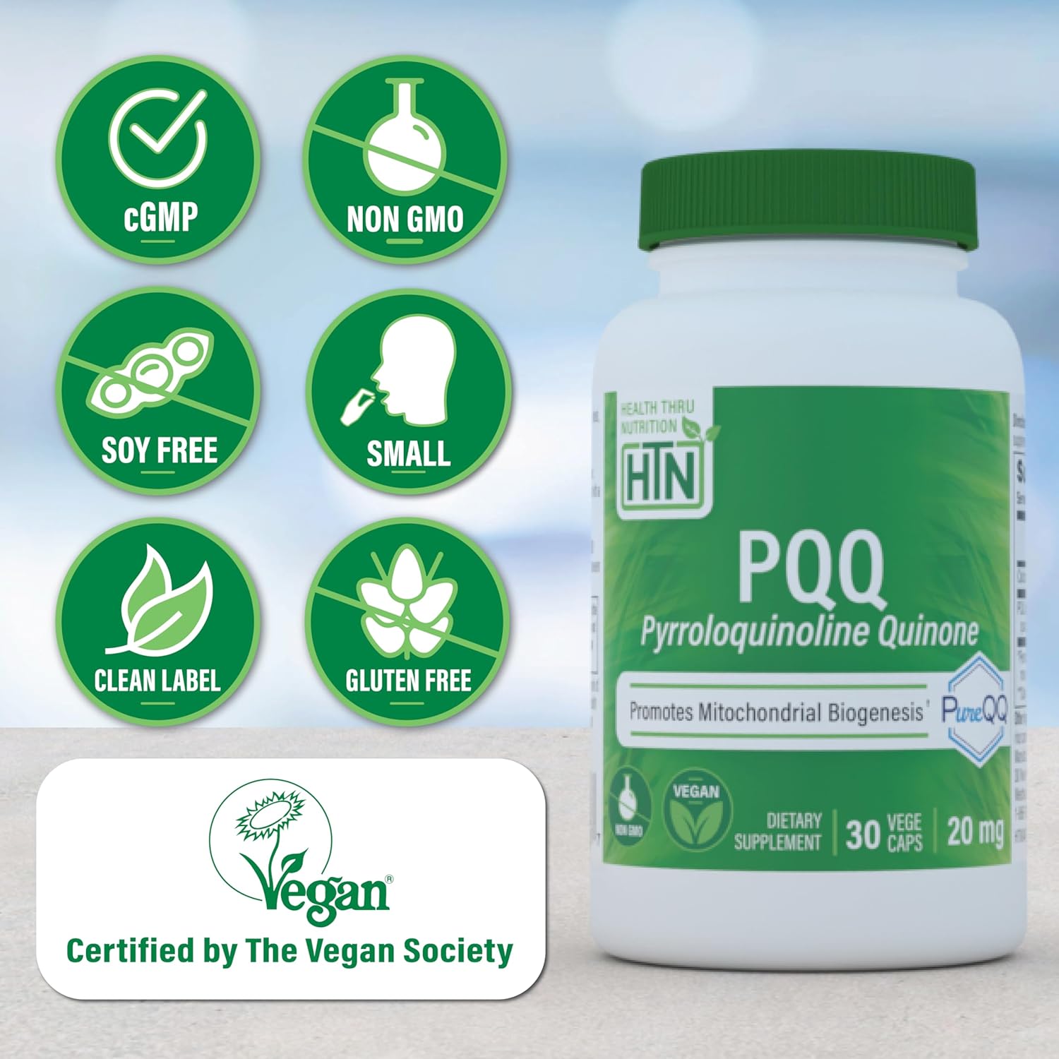 20mg PQQ Supplement for Mitochondrial Biogenesis | Certified Vegan | Non-GMO Gluten Soy Free | 30 Servings of PureQQ Capsules by Health Thru Nutrition