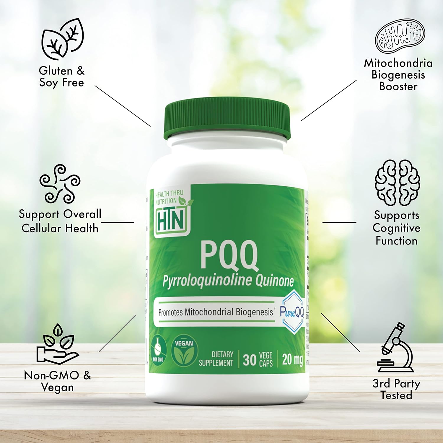 20mg PQQ Supplement for Mitochondrial Biogenesis | Certified Vegan | Non-GMO Gluten Soy Free | 30 Servings of PureQQ Capsules by Health Thru Nutrition
