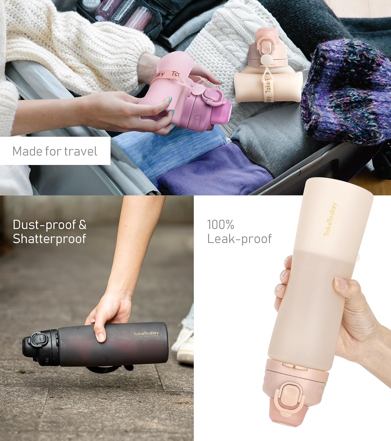 20oz Collapsible Water Bottle with Leak Proof Straw - BPA-Free Silicone Foldable Bottle for Travel, Cycling, Hiking - TakeToday