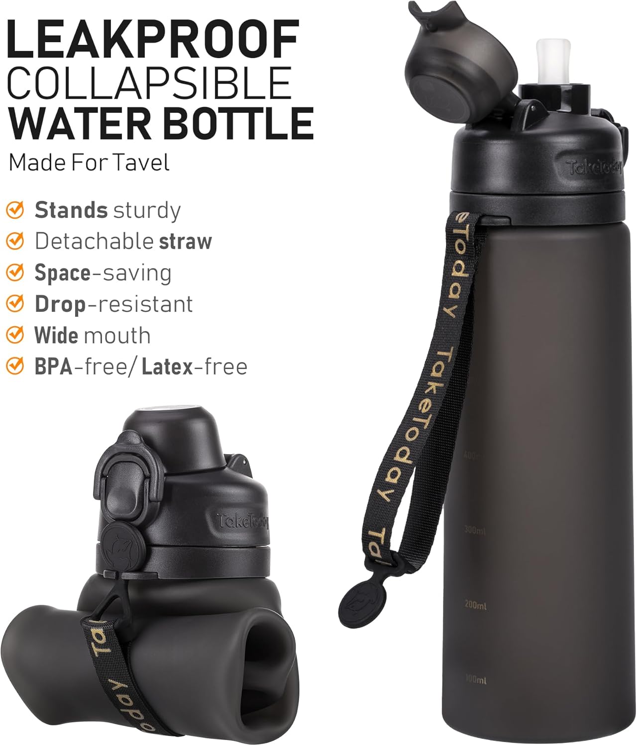 20oz Collapsible Water Bottle with Leak Proof Straw - BPA-Free Silicone Foldable Bottle for Travel, Cycling, Hiking - TakeToday