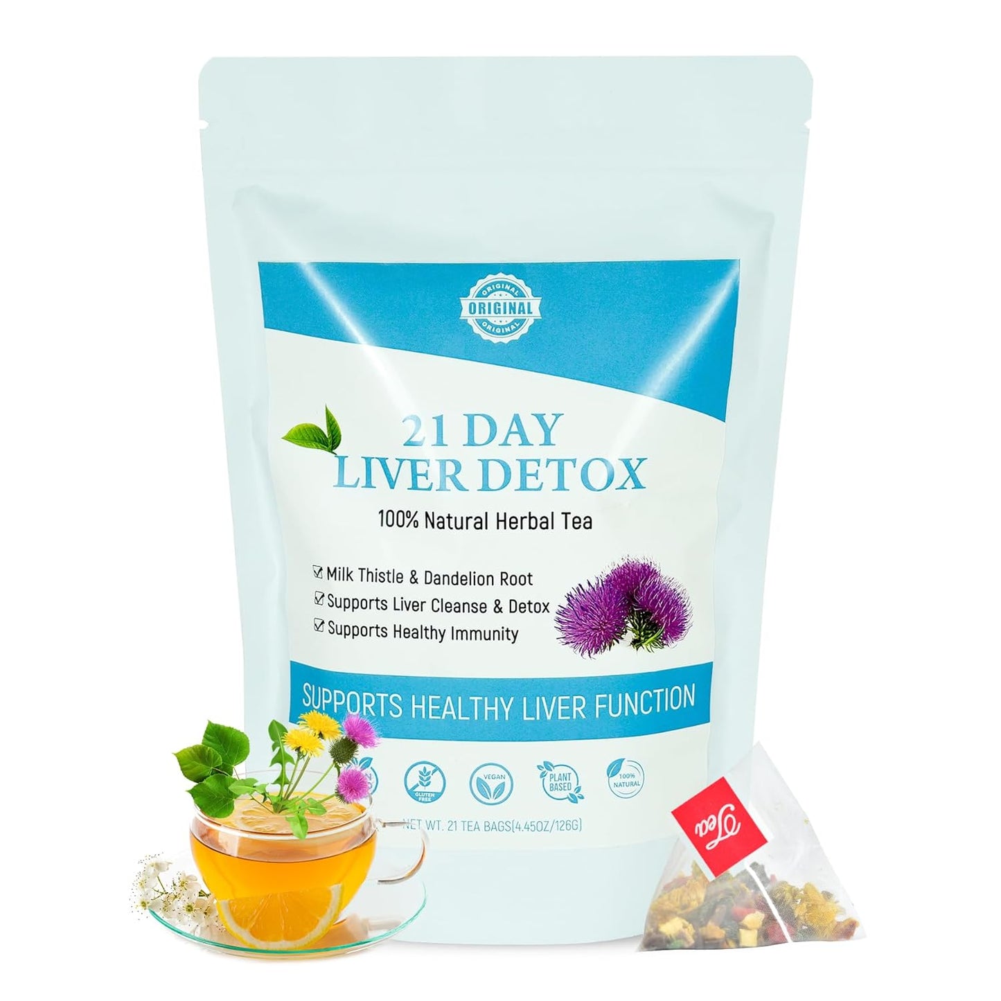 21-Day Liver Cleanse Tea for Digestion & Immunity - Milk Thistle Herbal Tea for Liver & Stomach Care, Caffeine-Free (21 Teabags)