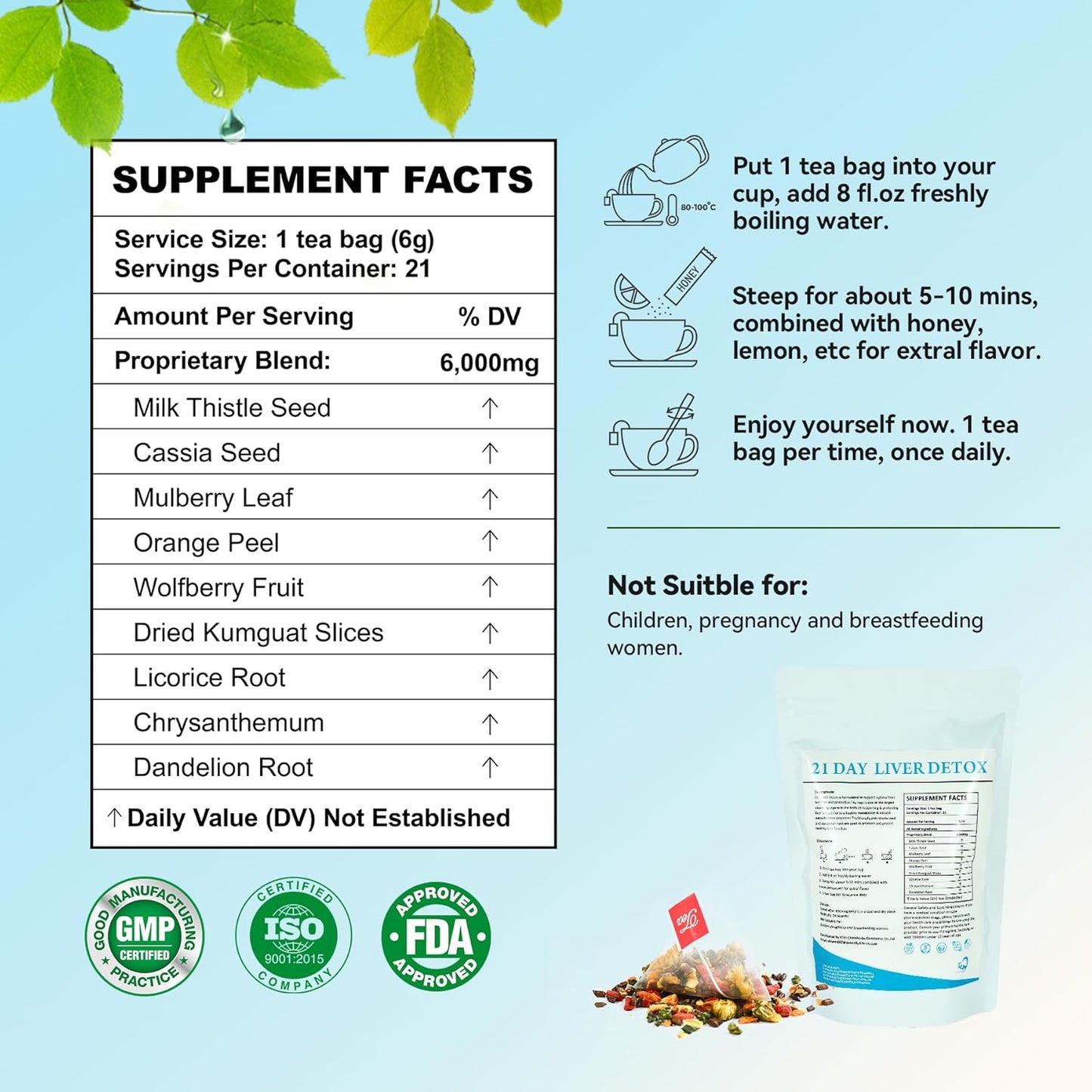 21-Day Liver Cleanse Tea for Digestion & Immunity - Milk Thistle Herbal Tea for Liver & Stomach Care, Caffeine-Free (21 Teabags)