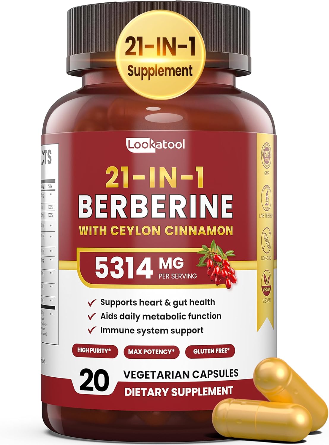 21-in-1 Berberine Supplement with Ceylon Cinnamon - 1500mg Organic Berberine HCL Phytosome for Metabolism Support