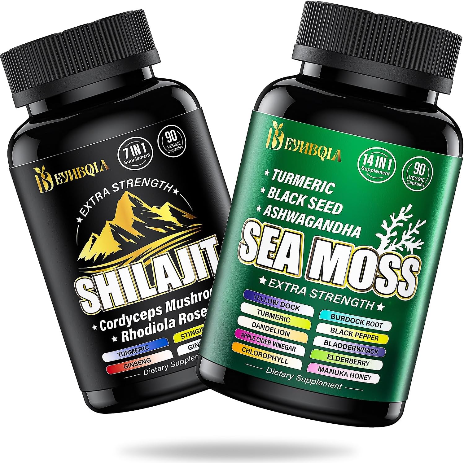 21-in-1 Sea Moss and Shilajit Bundle Capsules - 90 Vegetarian Capsules - Black Seed Oil, Ashwagandha, Turmeric, Rhodiola Rosea, Burdock, Bladderwrack - 2 Pack