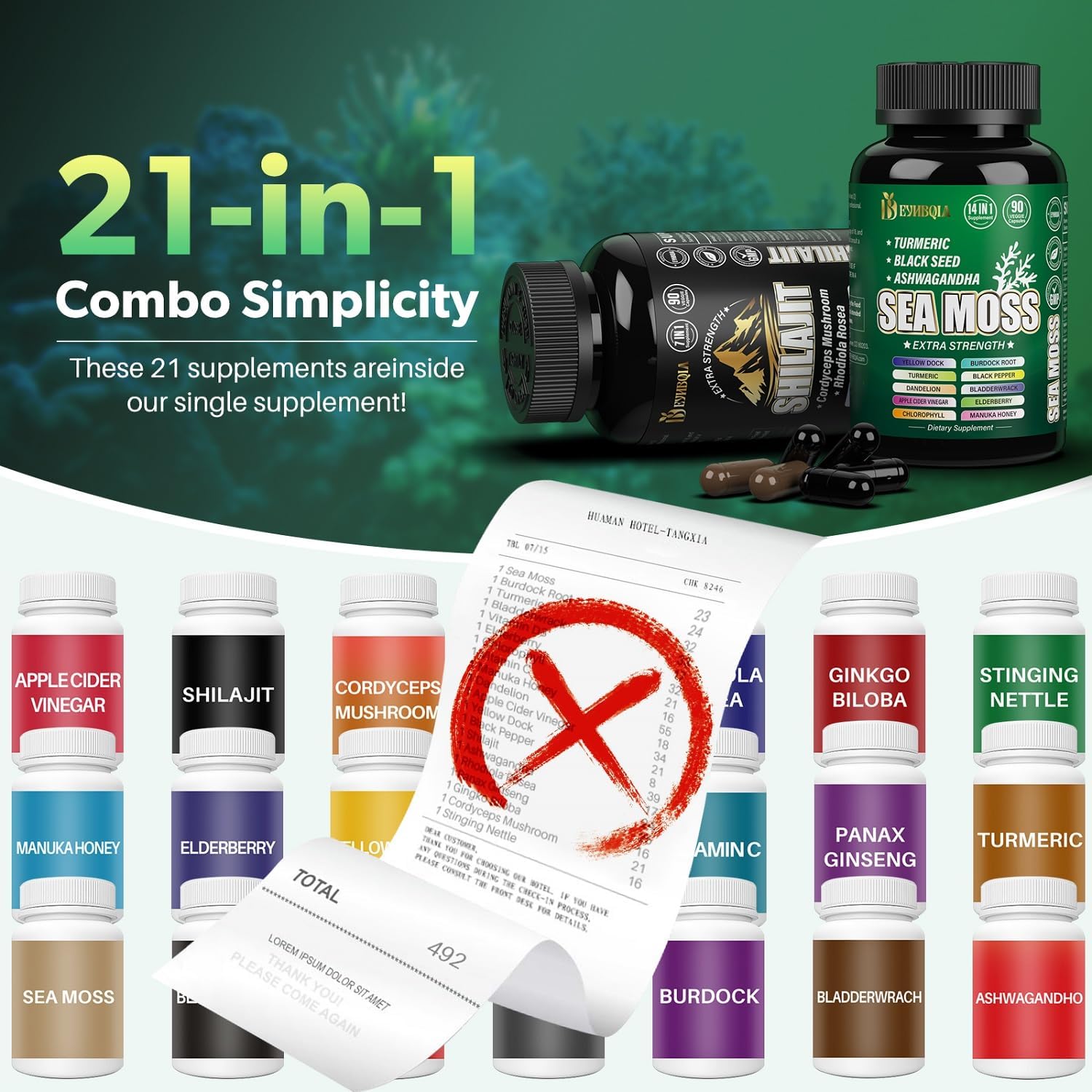 21-in-1 Sea Moss, Shilajit, and Herbal Supplement Bundle - 180 Capsules - Black Seed Oil, Ashwagandha, Turmeric, Rhodiola Rosea, Burdock, Bladderwrack - 90 Day Supply