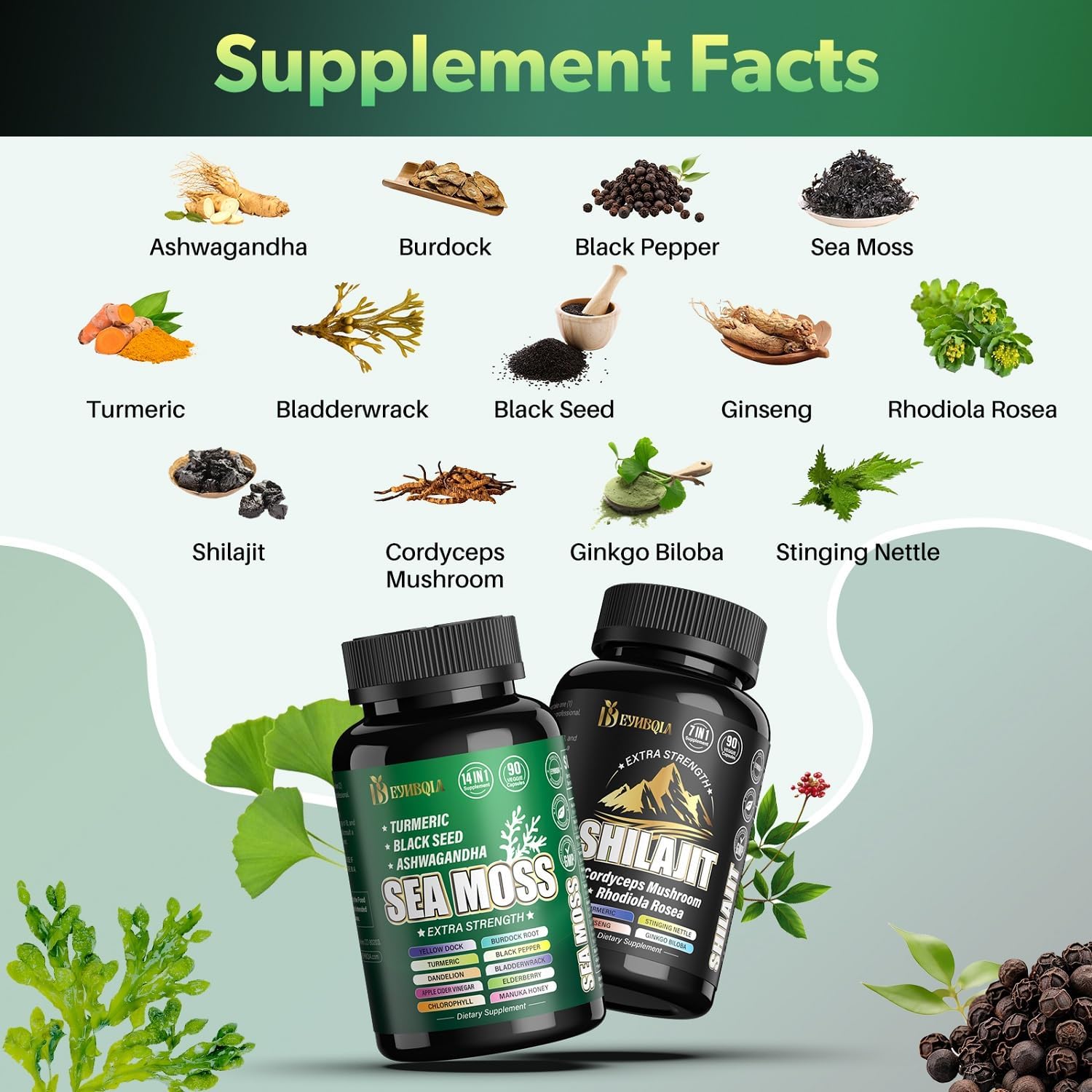 21-in-1 Sea Moss, Shilajit, and Herbal Supplement Bundle - 180 Capsules - Black Seed Oil, Ashwagandha, Turmeric, Rhodiola Rosea, Burdock, Bladderwrack - 90 Day Supply